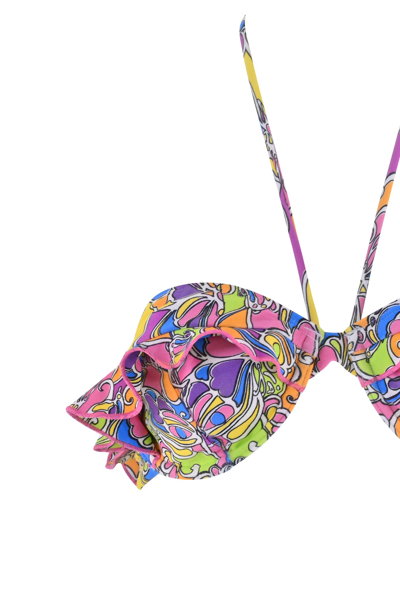 The MARNIE BIKINI TOP - TROPICAL BUTTERFLY BLOOM by I.AM.GIA features ruffled, colorful fabric with a swirling butterfly-inspired print in blue, orange, yellow, purple, and green against a digitally distorted pastel-striped background.