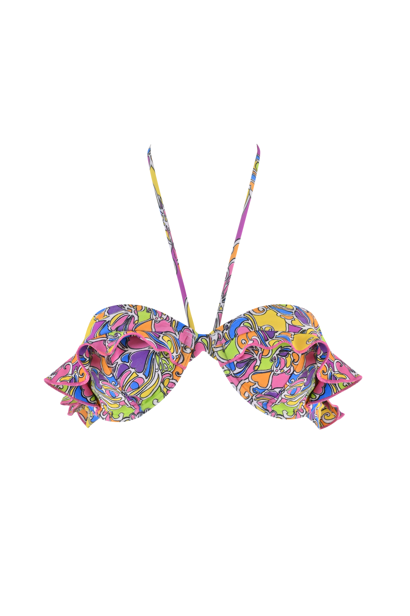 The MARNIE BIKINI TOP - TROPICAL BUTTERFLY BLOOM by I.AM.GIA features vibrant wavy stripes in bold colors with a central, butterfly-inspired design and ruffled vertical accents extending outward, evoking a lively abstract artwork.