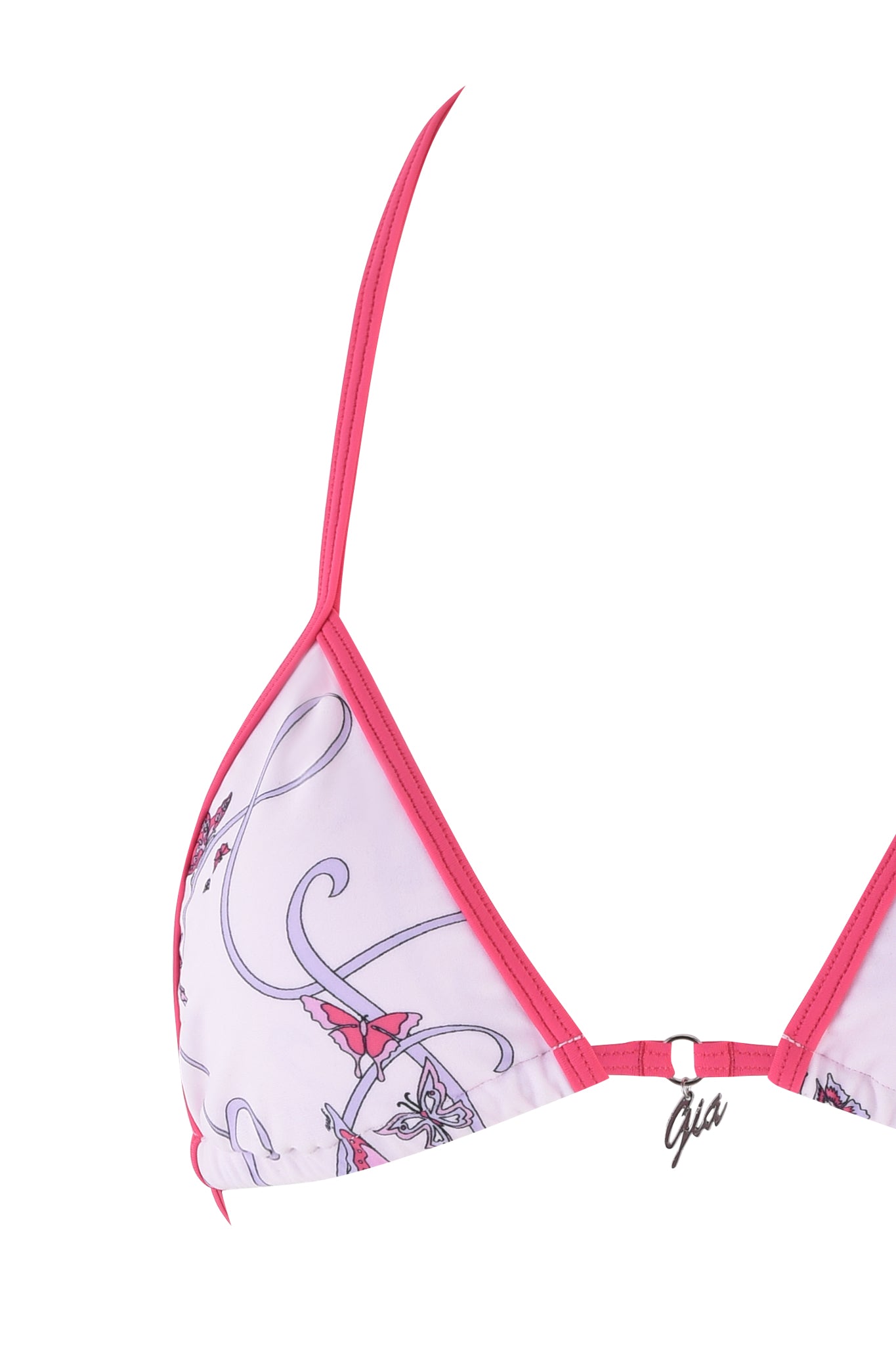 A close-up of the Cordelia 2.0 Bikini Top by I.AM.GIA shows a pink strap and edging, adorned with a butterfly ribbon print on white. The top features adjustable ties and has a "Gia" tag attached.