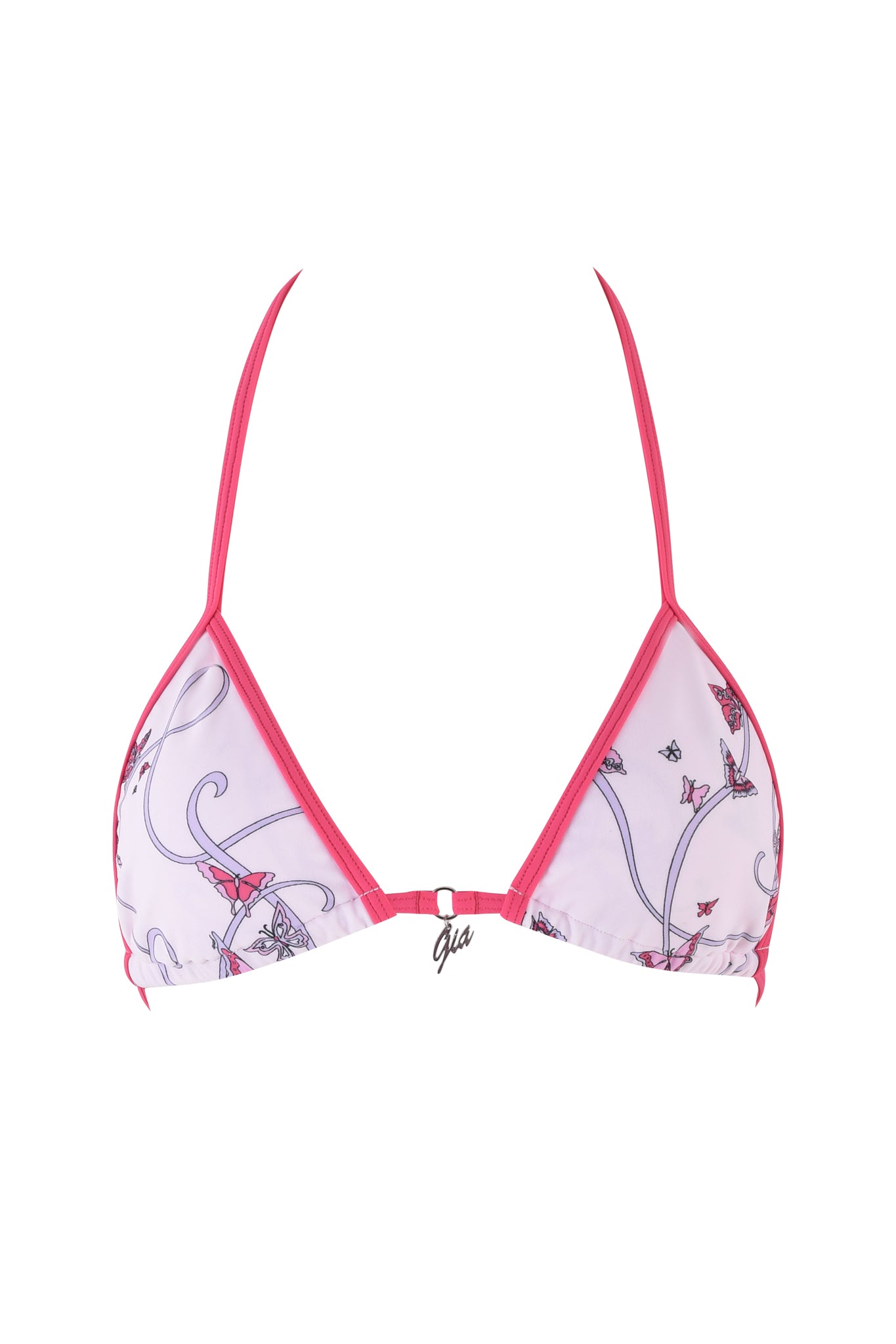 The I.AM.GIA Cordelia 2.0 Bikini Top comes in a pink and white floral triangle pattern with a butterfly ribbon accent, featuring thin straps, adjustable ties, and a front center clasp for a perfect fit.