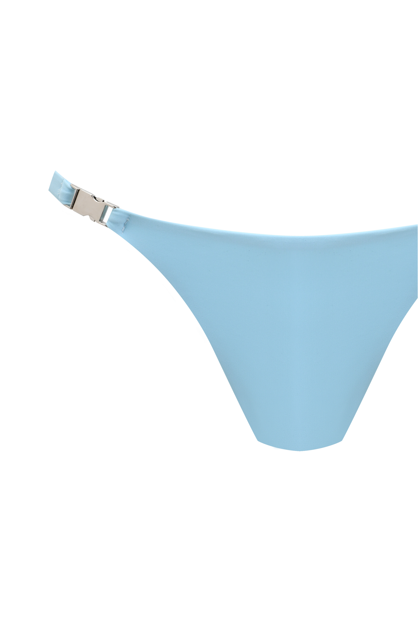 The MAUI BIKINI BOTTOM - AQUA by I.AM.GIA features a cheeky thong style with a silver buckle clasp on the left side, shown in close-up against a plain white background.