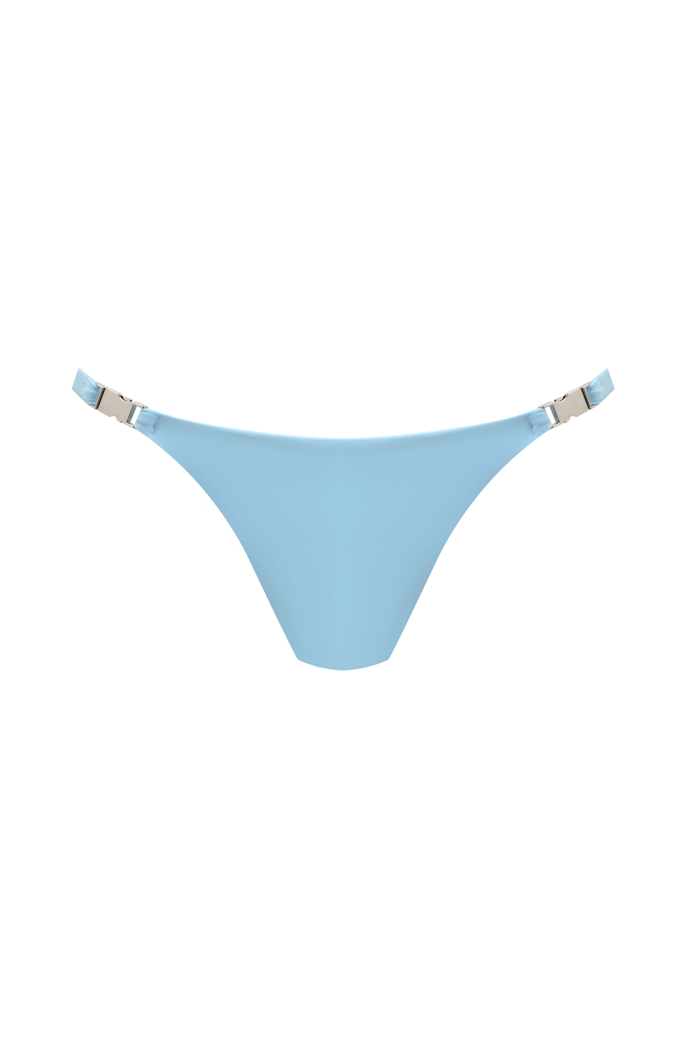 The I.AM.GIA MAUI BIKINI BOTTOM - AQUA features silver buckle clasps and a cheeky thong cut, displayed against a gradient blue background.