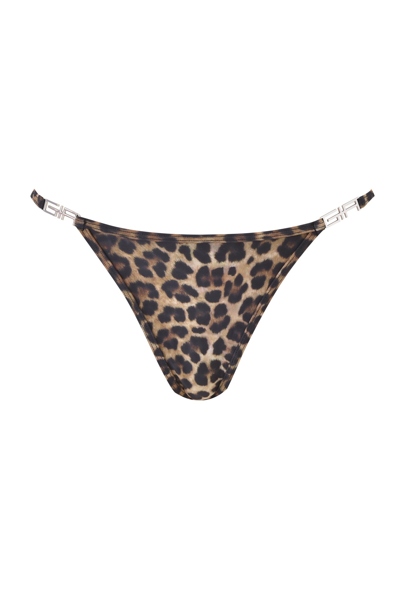 The I.AM.GIA AVA BIKINI BOTTOM - LEOPARD features thin straps and metallic buckle details on each side. This versatile piece can be styled as a G-string bikini for a bold, standout look. Displayed on a white background.