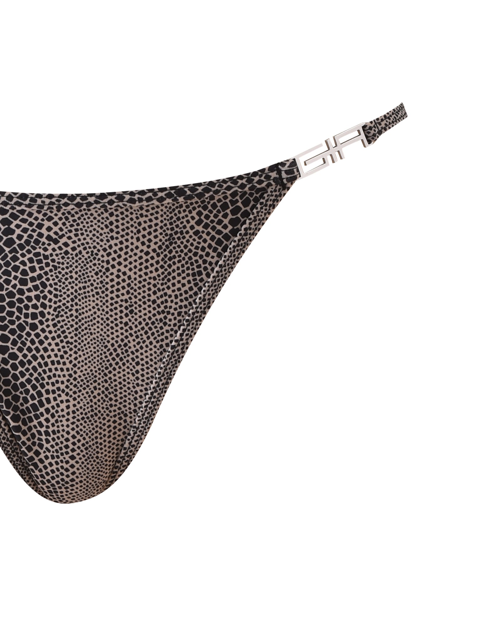 Close-up of the I.AM.GIA AVA BIKINI BOTTOM - SERPICO, featuring a brown and black snakeskin print with a metallic buckle detail and G-string style, set against a white background.