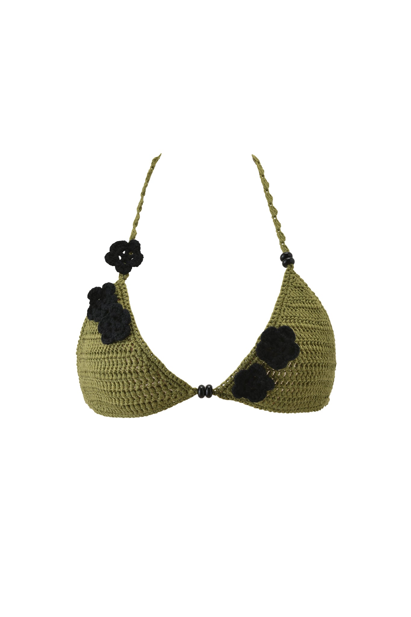 The I.AM.GIA LANAI CROCHET BIKINI TOP in army green features black crochet flower accents on each triangle cup and a braided halter neck strap, shown against a white background.