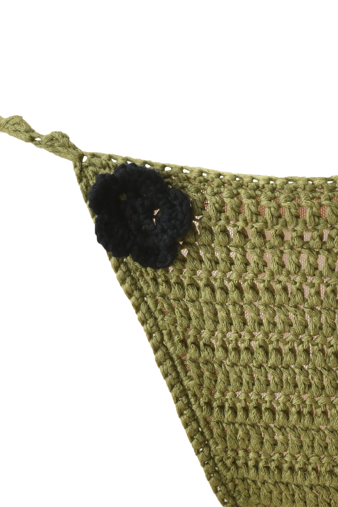 Close-up of the I.AM.GIA LANAI CROCHET BIKINI BOTTOM in army green, showcasing an open textured crochet pattern and a small black flower at one corner.