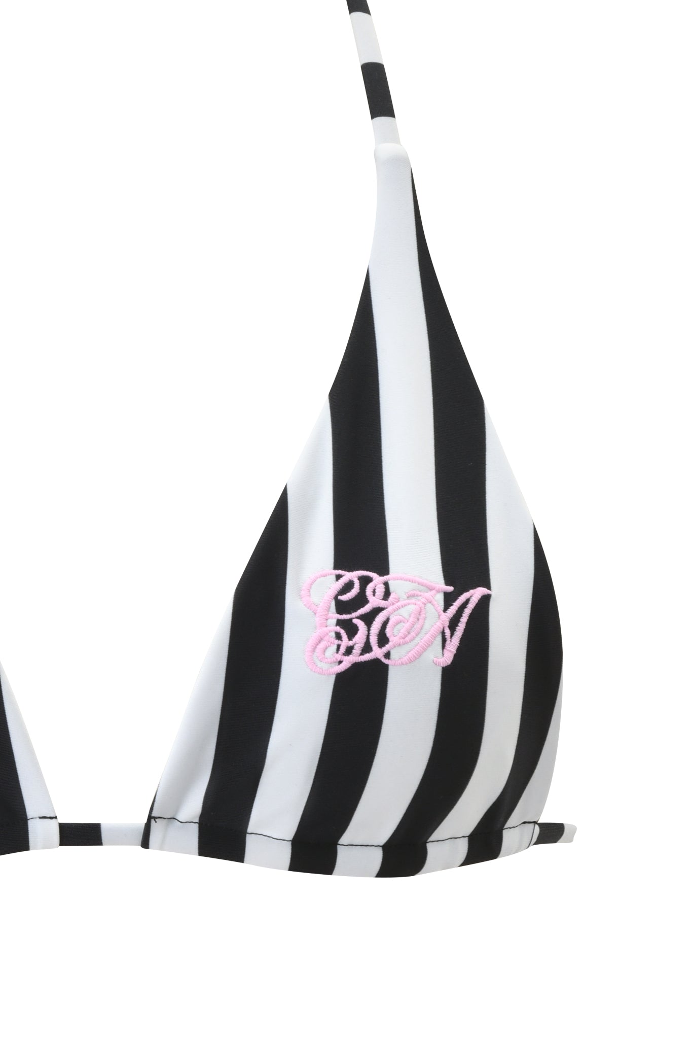 The I.AM.GIA AURETTE Reversible Bikini Top in Jailbird Stripe features black and white vertical stripes with a pink "GA" monogram, offering adjustable triangle styling for a modern take on classic swimwear.