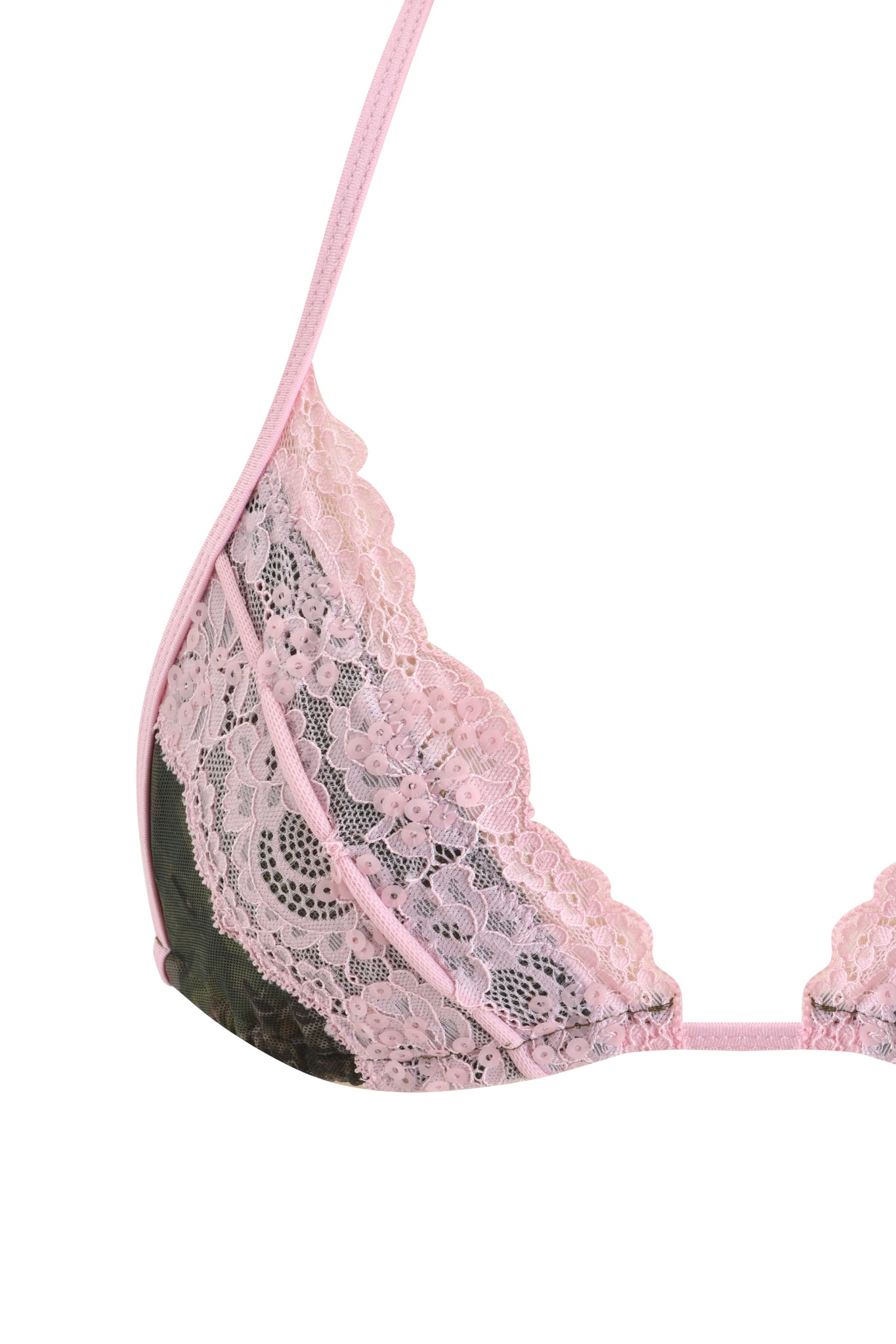 Close-up of the SAKINA BIKINI TOP - BARK AND BITE CAMO by I.AM.GIA, showcasing a unique camo print, thin straps, and stylish details.