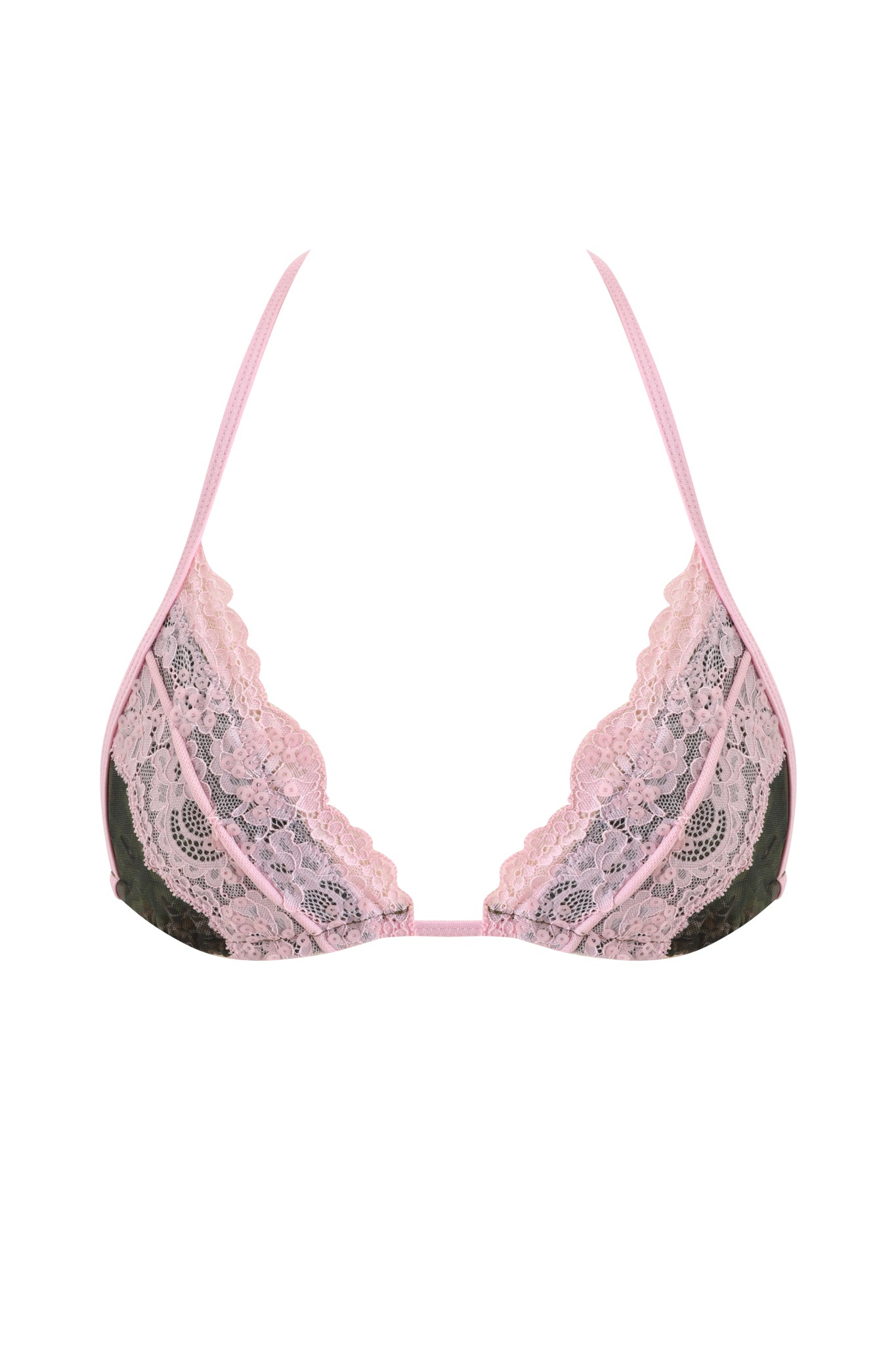 The SAKINA BIKINI TOP - BARK AND BITE CAMO by I.AM.GIA features a minimalist, feminine design with pink lace cups, sheer black mesh underlay, scalloped sequin lace edges, and thin pink adjustable straps—no padding or underwire.