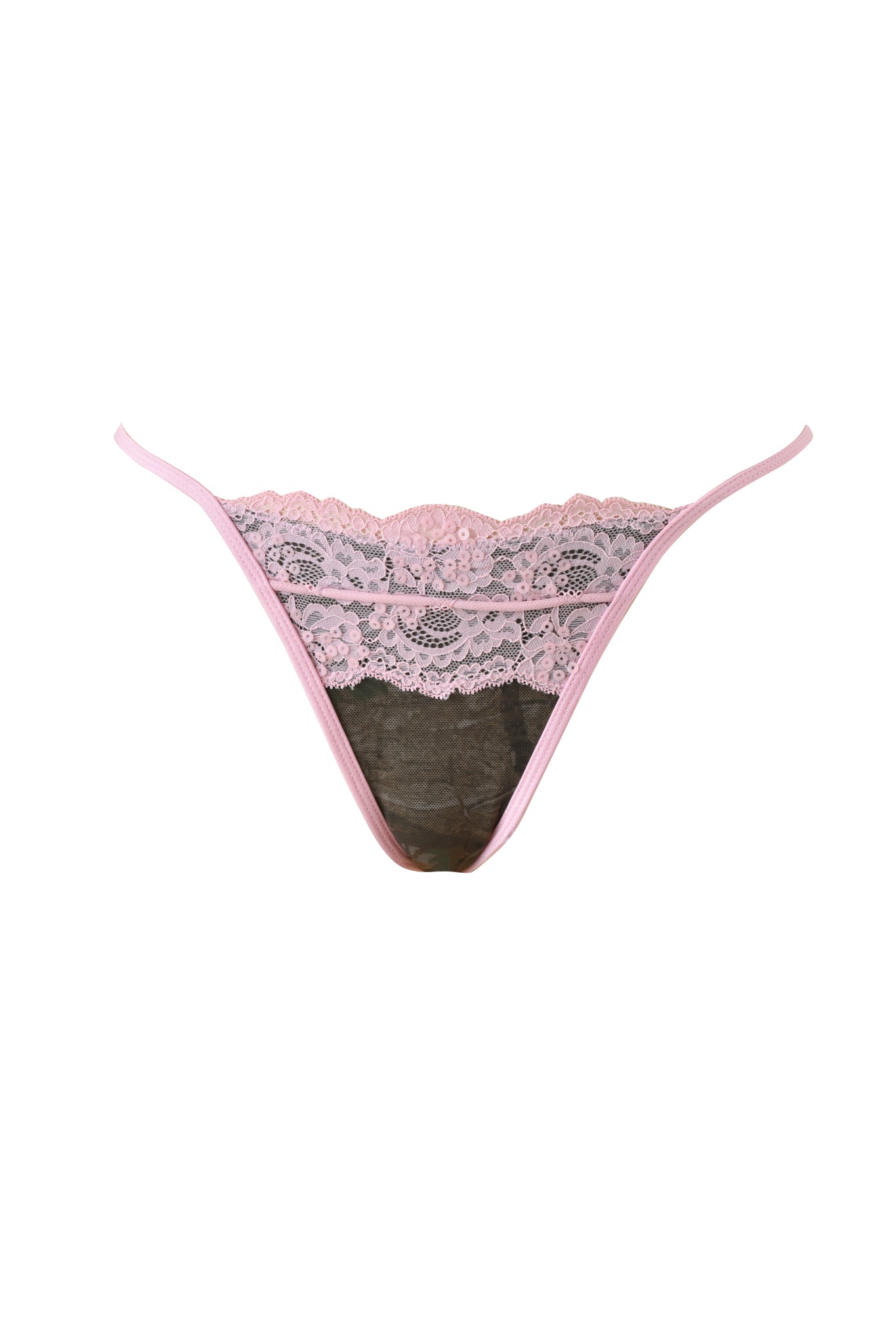 The SAKINA BIKINI BOTTOM - BARK AND BITE CAMO by I.AM.GIA features a cheeky cut with a thin waistband and camo pattern, displayed against a white background.