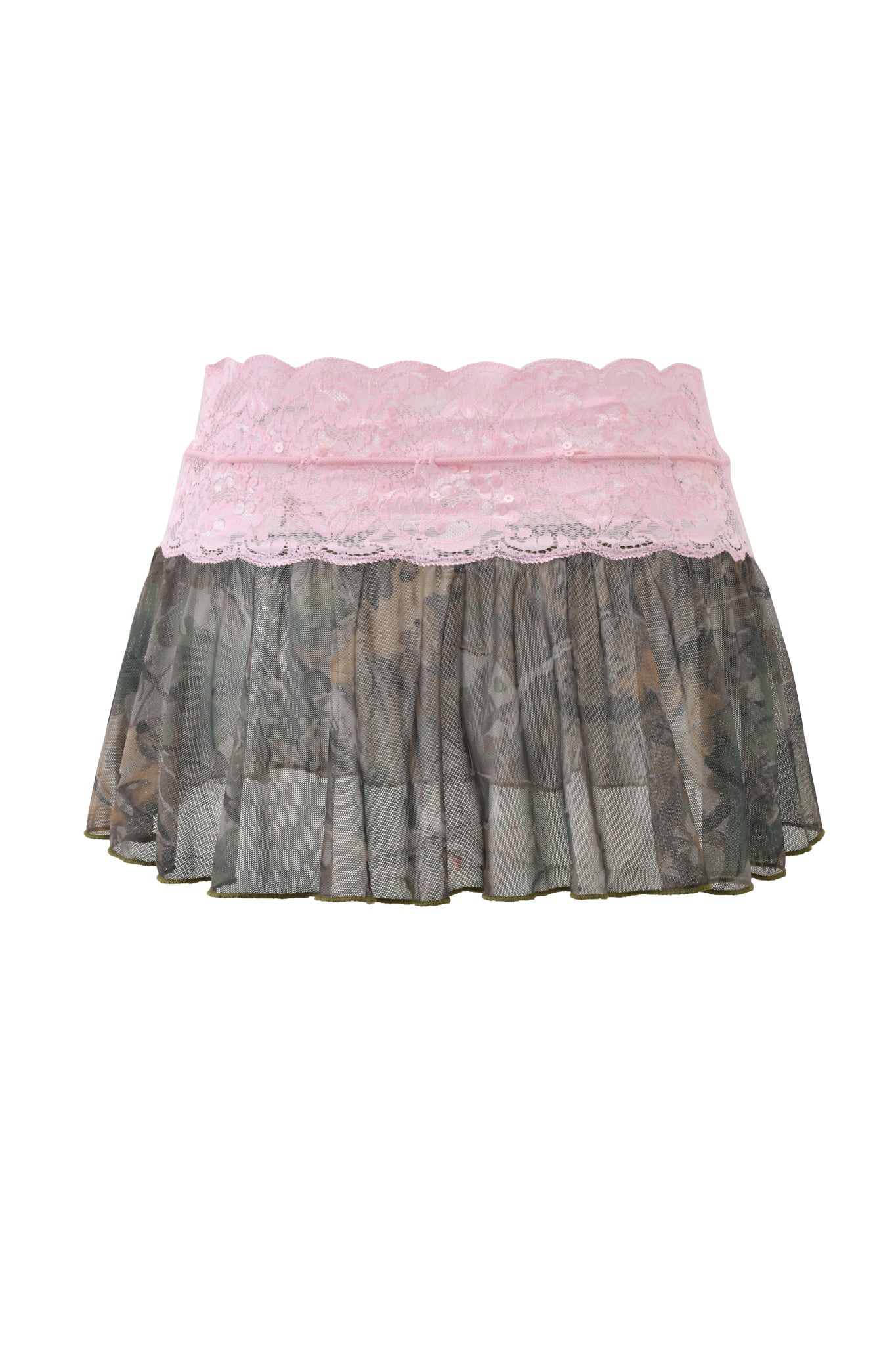 The SAKINA MICRO MINI SKIRT - BARK AND BITE CAMO by I.AM.GIA features a low-rise camo-patterned bottom with a pink lace waistband, shown against a white background.