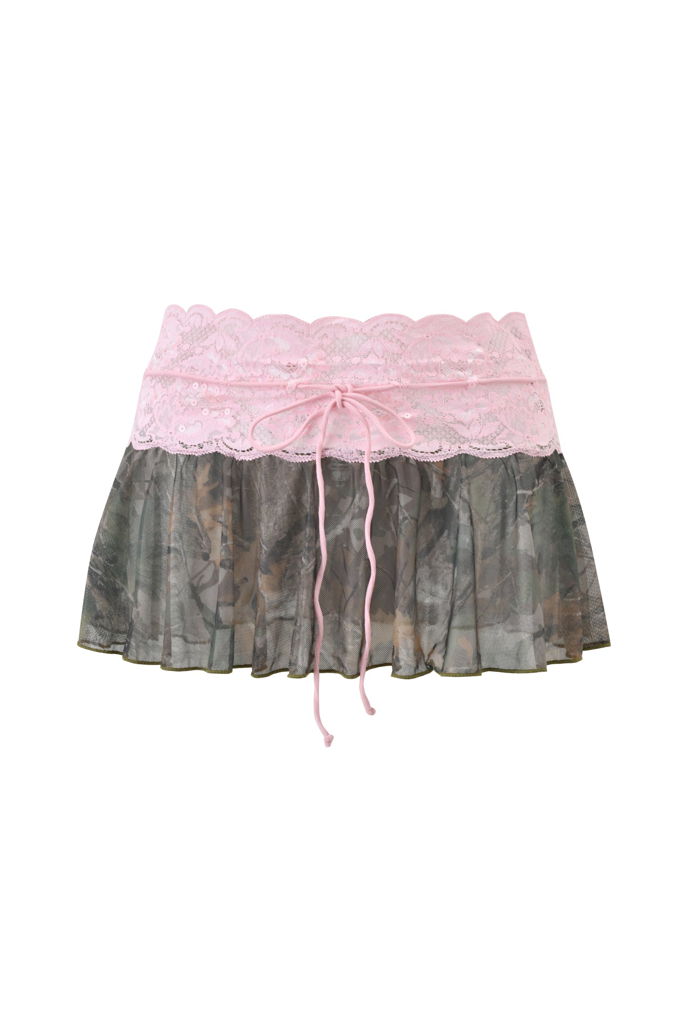 The I.AM.GIA SAKINA MICRO MINI SKIRT in Bark and Bite Camo features a low-rise fit, pink lace waistband with front ribbon tie, and sheer mesh fabric below the waistband.