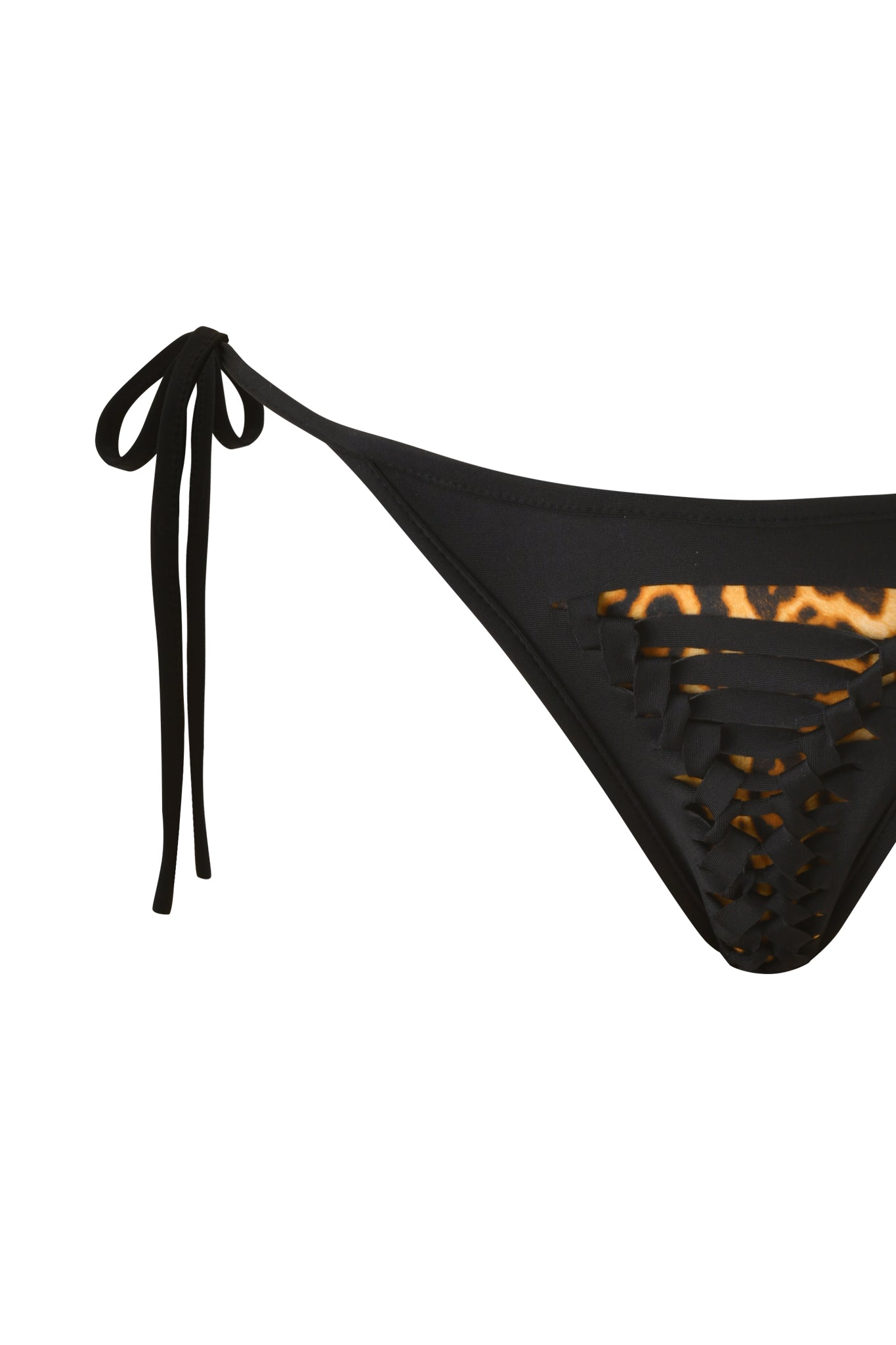 The BIJOU BIKINI BOTTOM - BLACK by I.AM.GIA features adjustable tie sides and cutout lattice details with leopard print visible beneath, creating a bold, trendy look.
