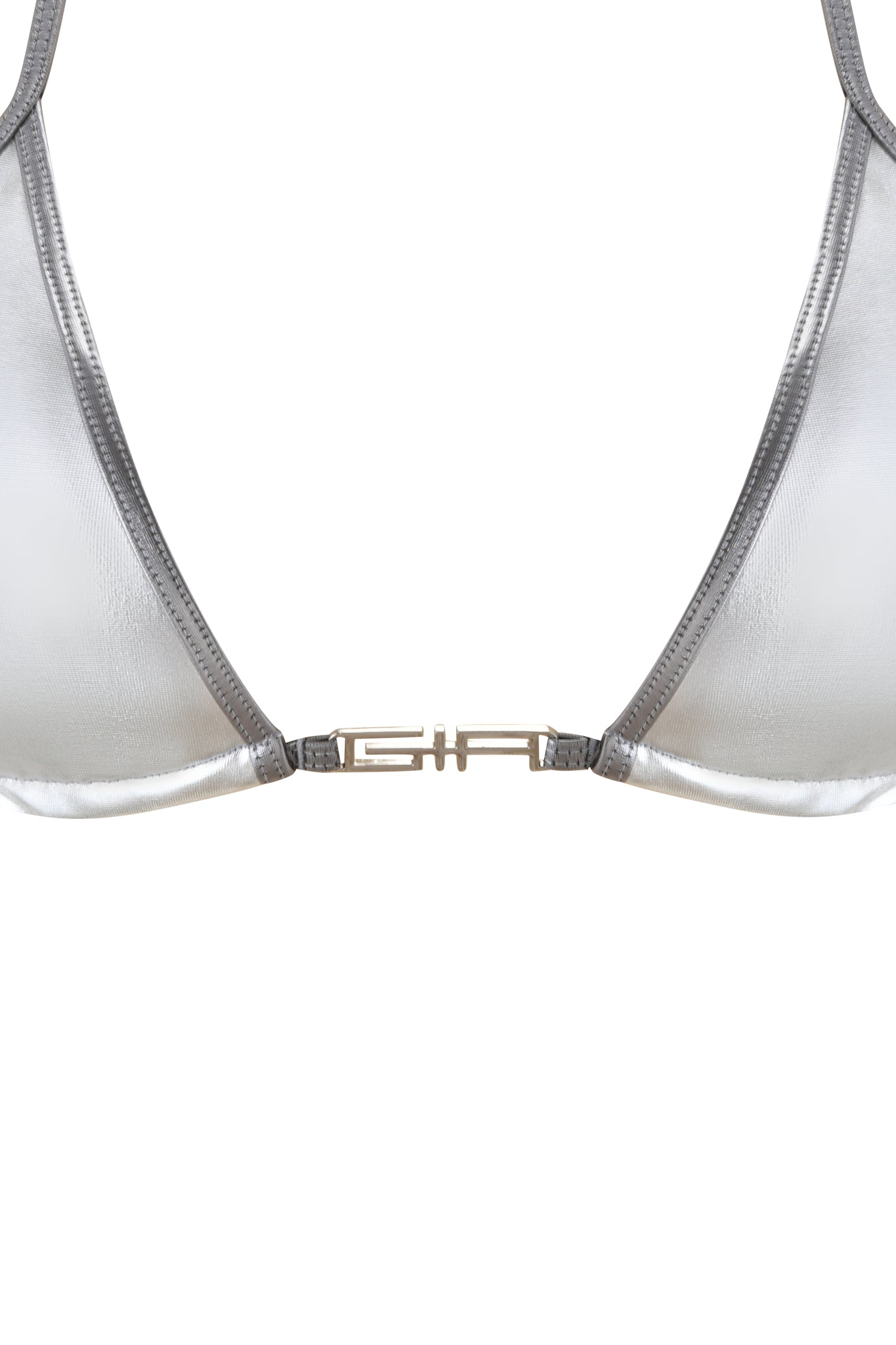 The LIOR BIKINI TOP - SILVER by I.AM.GIA features a metallic silver triangle design, thin straps, and a gold clasp at the center front, shown close-up against a white background.