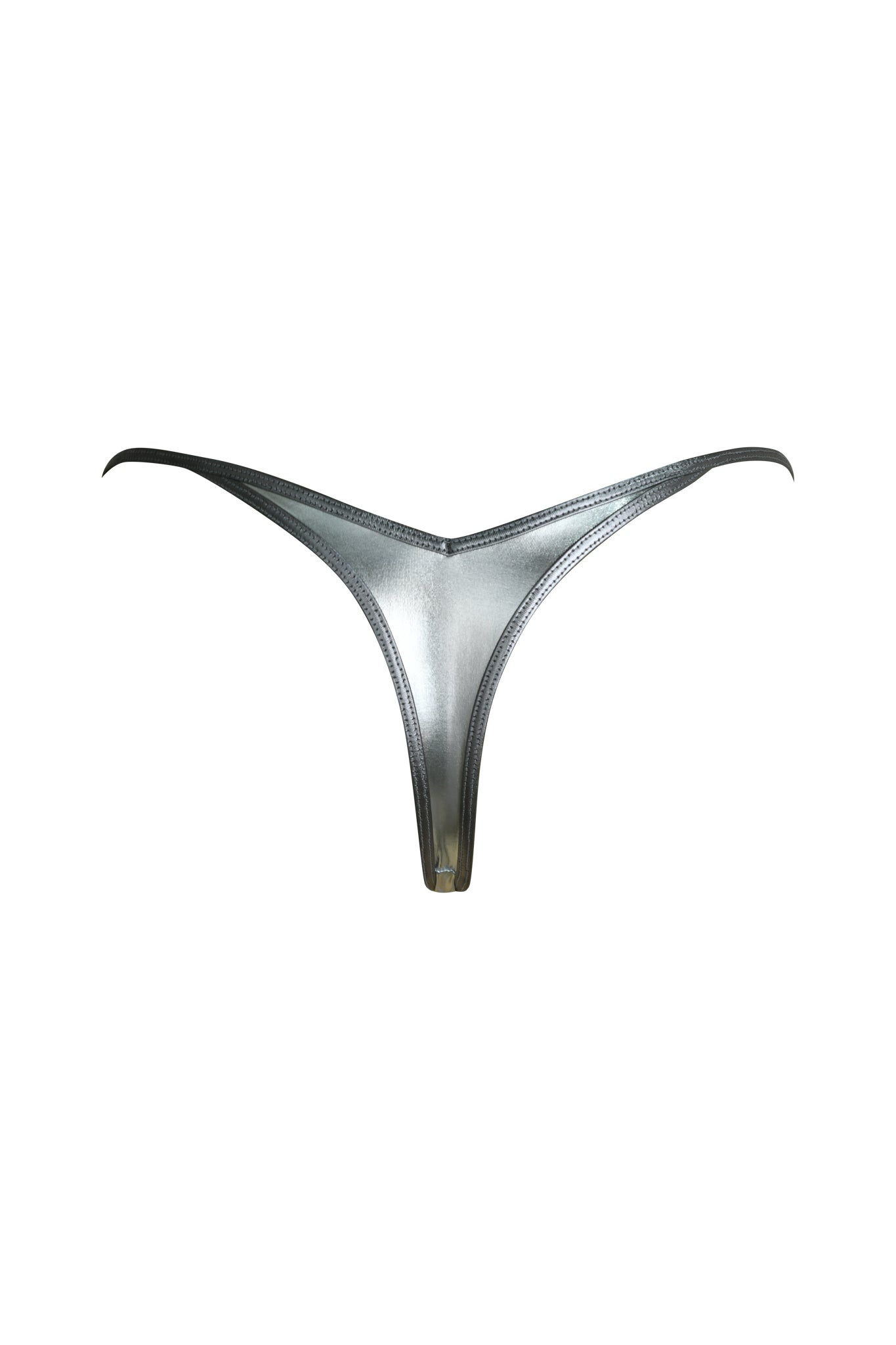 The I.AM.GIA LIOR BIKINI BOTTOM in metallic silver features a V-shaped waistband and thong-style cheeky cut, shown against a plain white background.