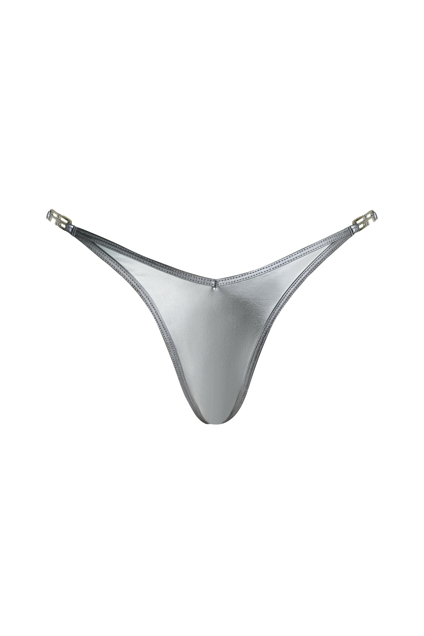 The I.AM.GIA LIOR BIKINI BOTTOM in silver features thin side straps and small metal clasps, showcased against a plain white background.
