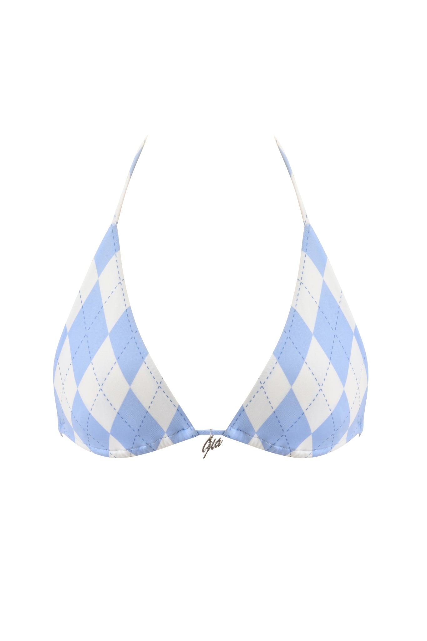 The I.AM.GIA BRITT BIKINI TOP in blue argyle features light blue and white colors, thin straps, and a small metallic accent at the center front, shown on a white background.