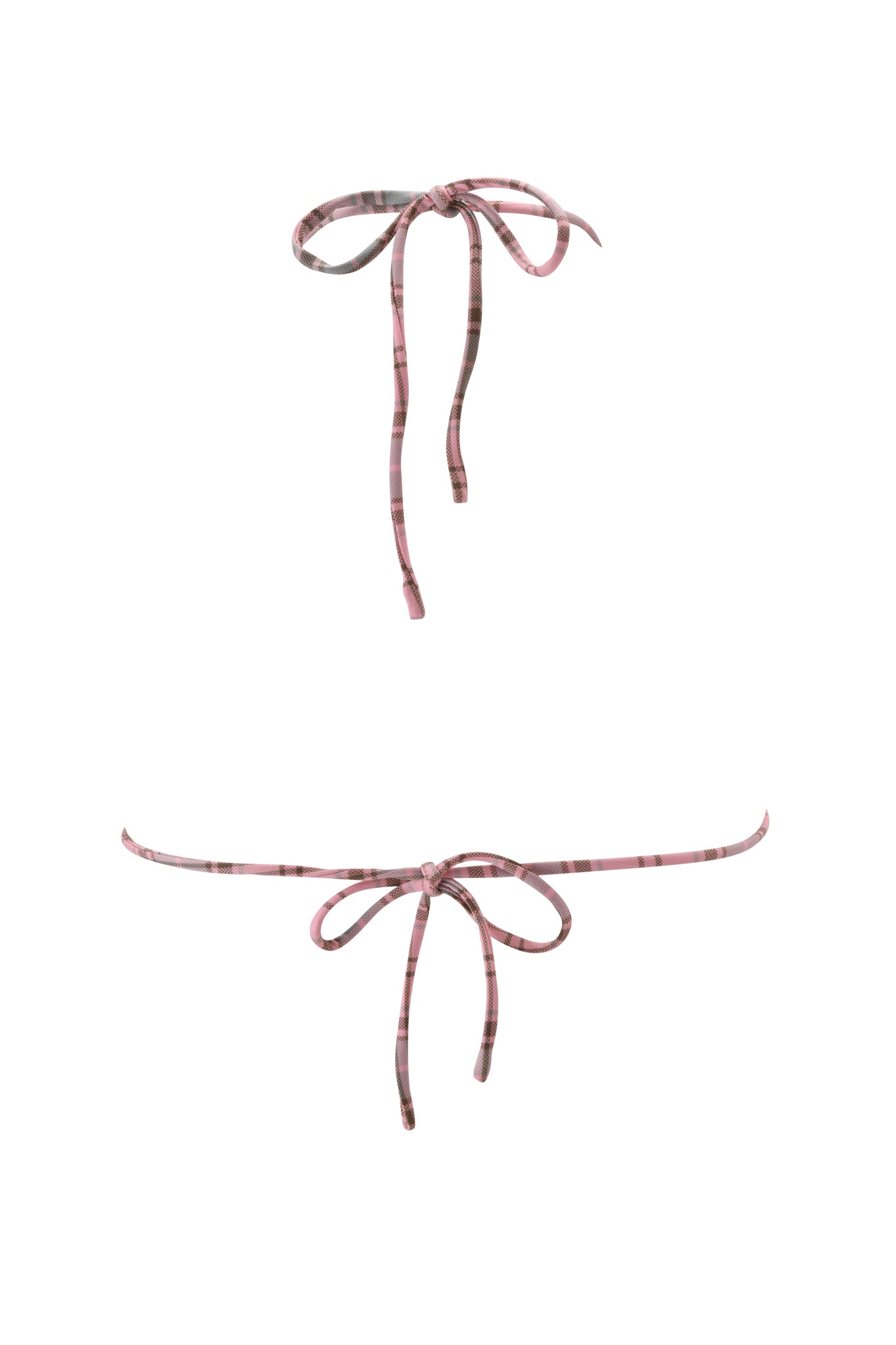 Two pink and gray plaid bows, arranged vertically on a white background, evoke the playful ties of the I.AM.GIA BRITT BIKINI TOP in Pink Plaid.