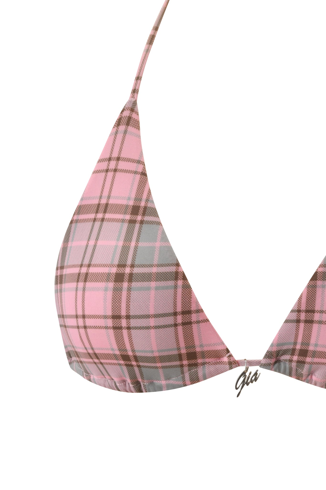 A close-up of the BRITT BIKINI TOP in pink plaid by I.AM.GIA, featuring thin straps, a halter neck design, and a small silver "Gia" charm at the center.
