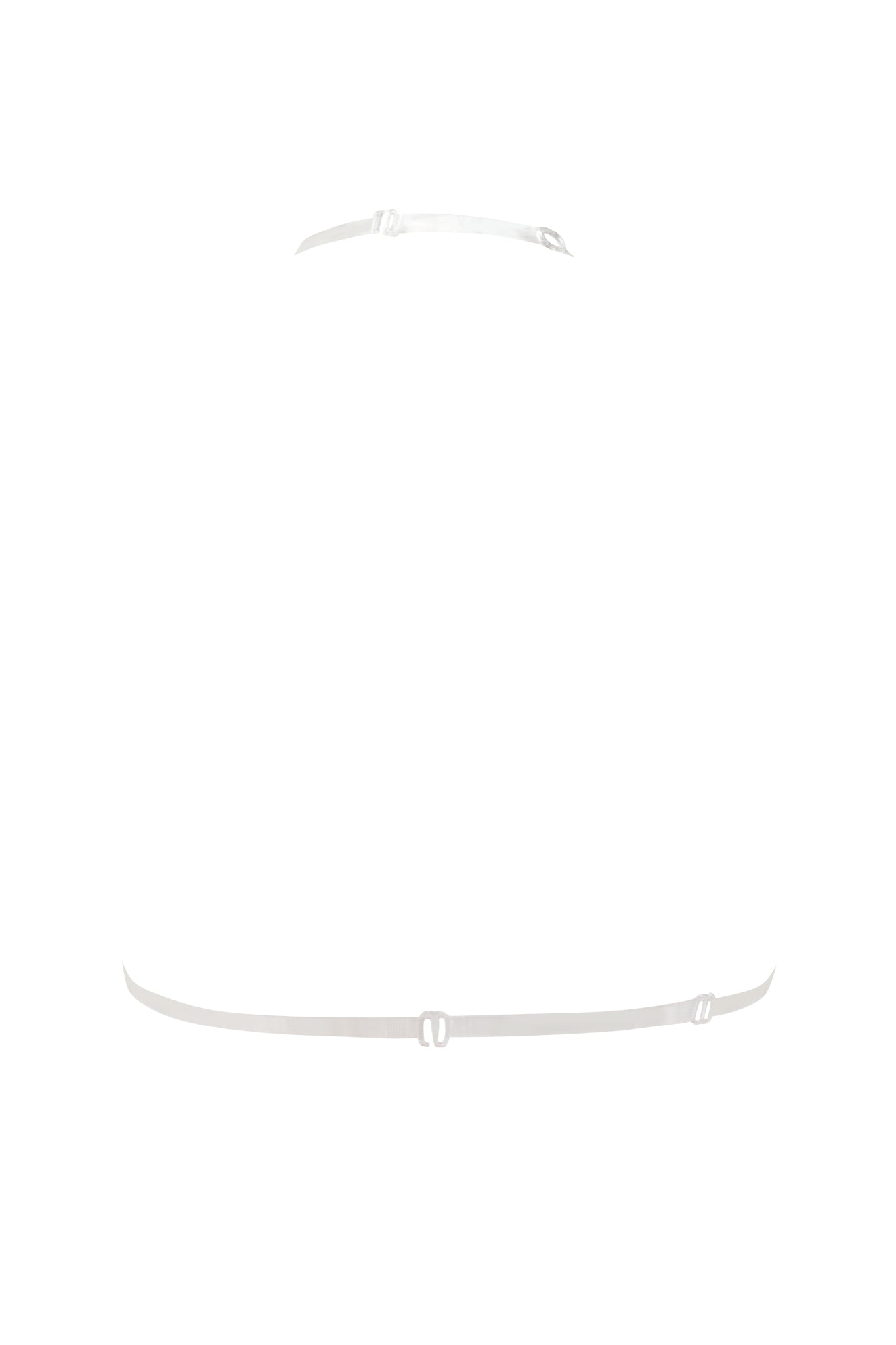 Two thin, adjustable clear elastic straps are displayed on a white background—perfect for pairing with the I.AM.GIA SISI BIKINI TOP - PINK. One strap lies at the top, while the other curves along the bottom.