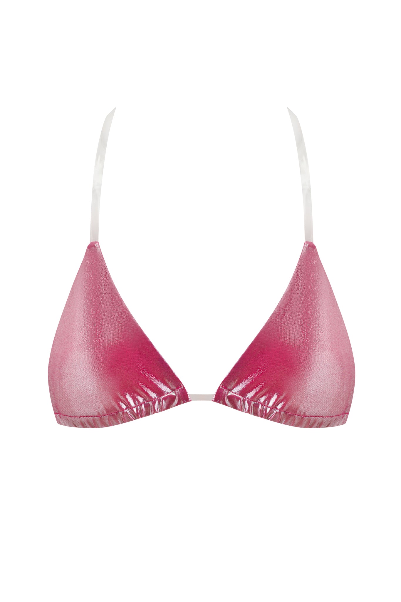 The SISI BIKINI TOP - PINK by I.AM.GIA, a hot pink metallic triangle bikini top with clear elastic shoulder straps, is shown on a plain white background.