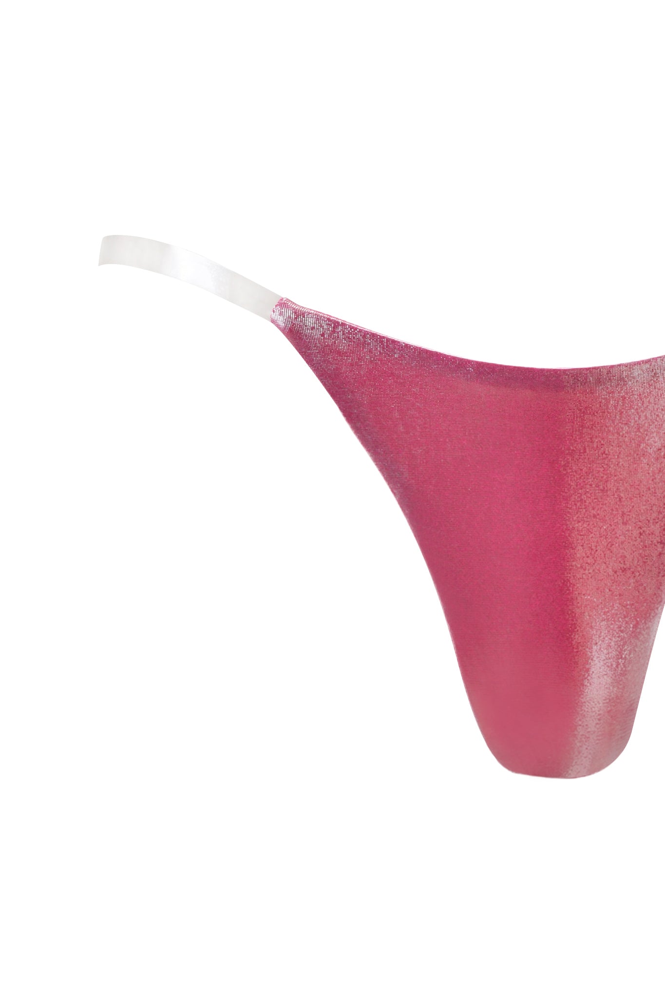 A close-up of the I.AM.GIA SISI BIKINI BOTTOM - PINK, a hot pink metallic thong with clear elastic straps and white waistband, shown isolated on a white background.