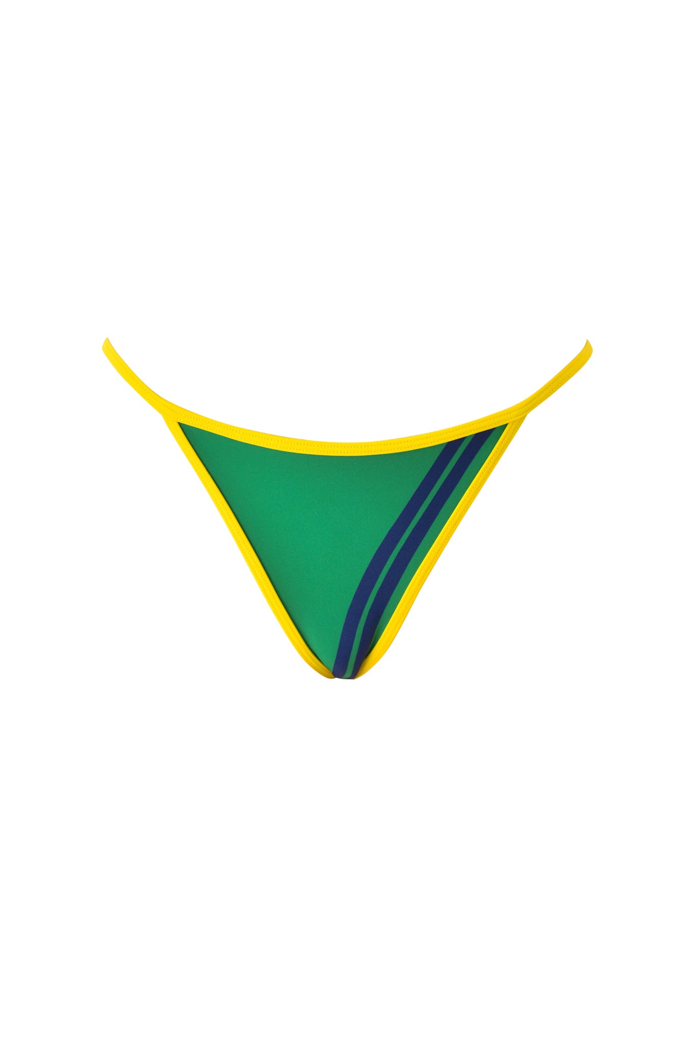 The CARMELLA BIKINI BOTTOM - GREEN by I.AM.GIA features yellow trim and two diagonal dark blue stripes on one side for a sporty look, displayed against a white background.