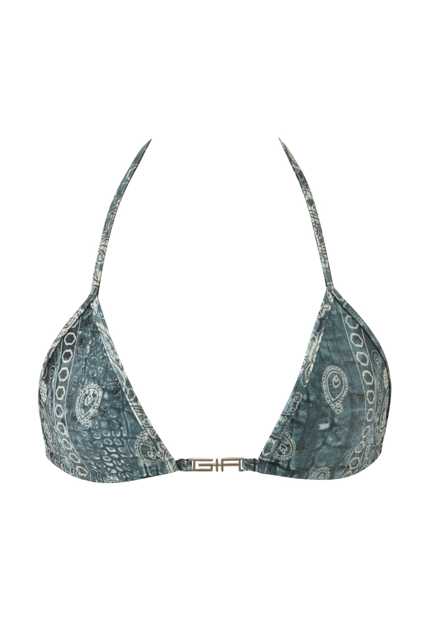 The I.AM.GIA T-REX AVA BIKINI TOP - BLUE BANDANA features a blue patterned design, triangle cups, halter neck straps, and a metal clasp at the front, shown against a white background.