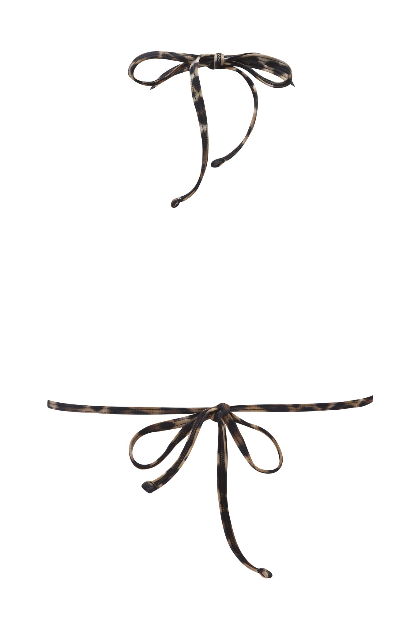 Two thin, leopard-print straps from the I.AM.GIA AVA BIKINI TOP are tied in bows and displayed against a white background, one strap positioned above the other.
