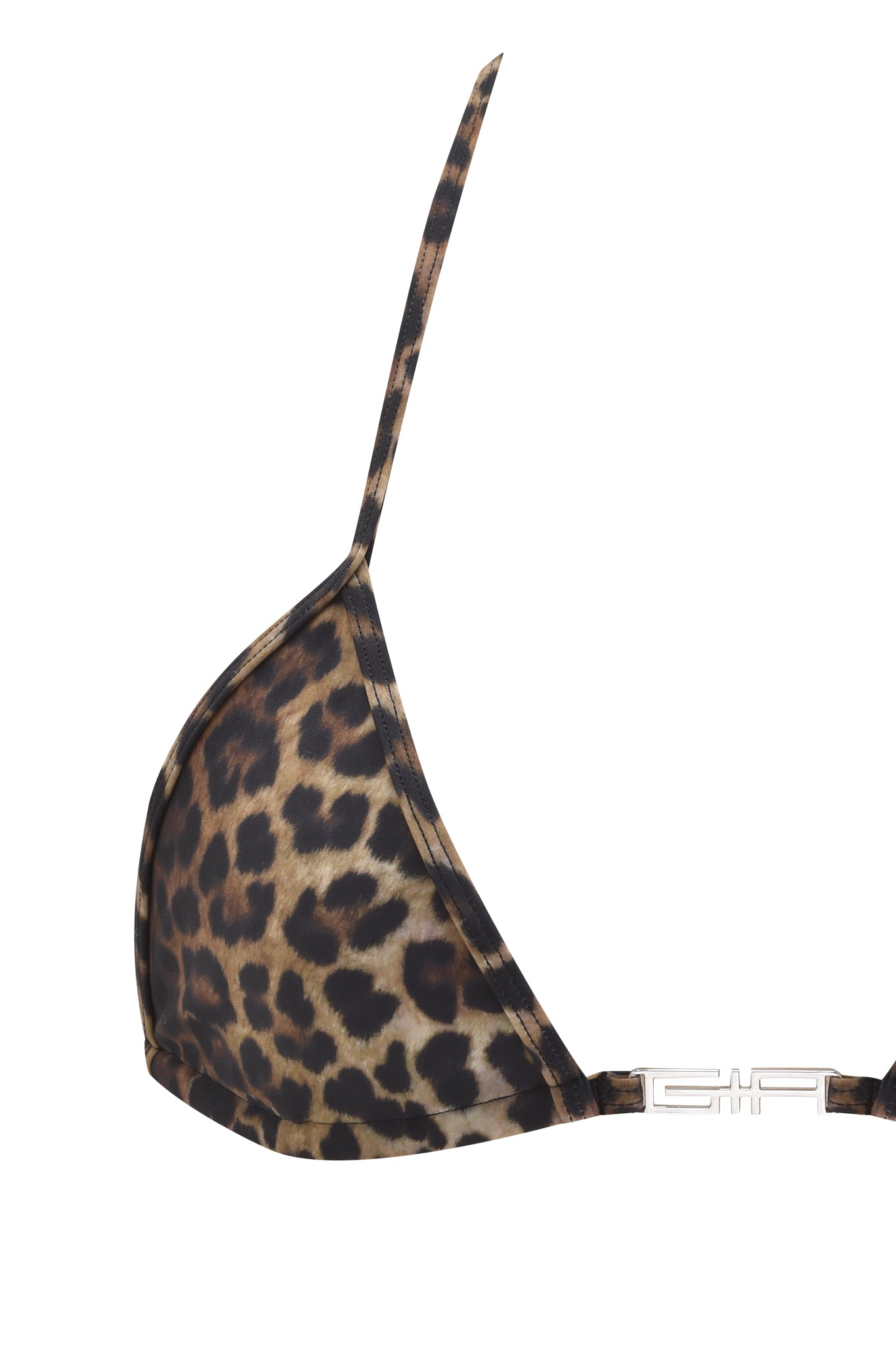 A close-up of the I.AM.GIA AVA BIKINI TOP - LEOPARD, showcasing thin straps, a bold brown and black leopard print, and a metal clasp for a chic triangle bikini style.