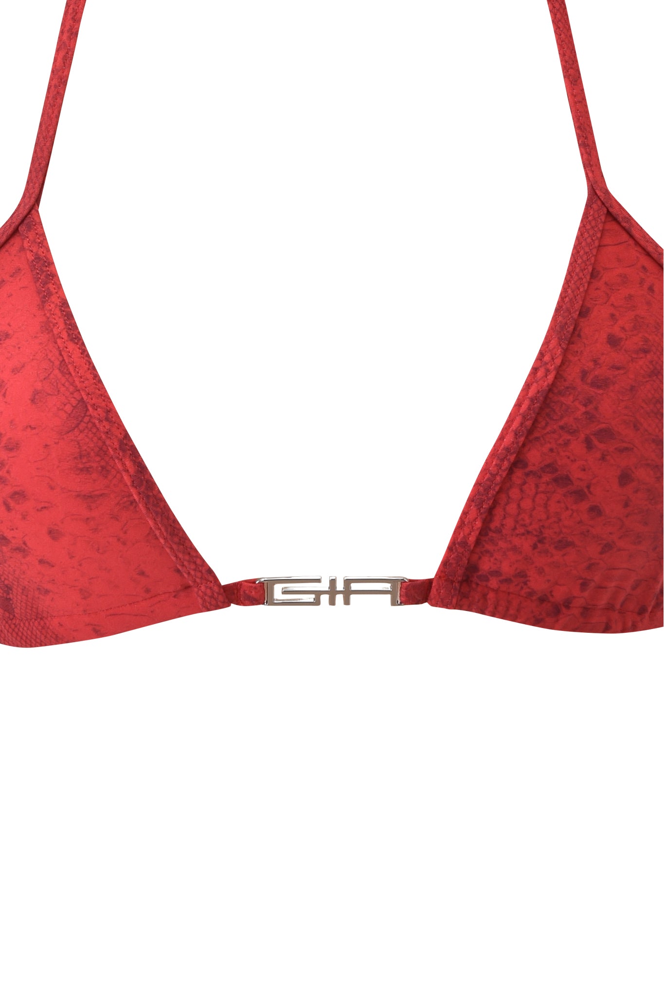 Close-up of the AVA BIKINI TOP - RED SERPENTINE by I.AM.GIA, a red snake print triangle bikini with thin straps and a metallic center clasp featuring "GA" initials.