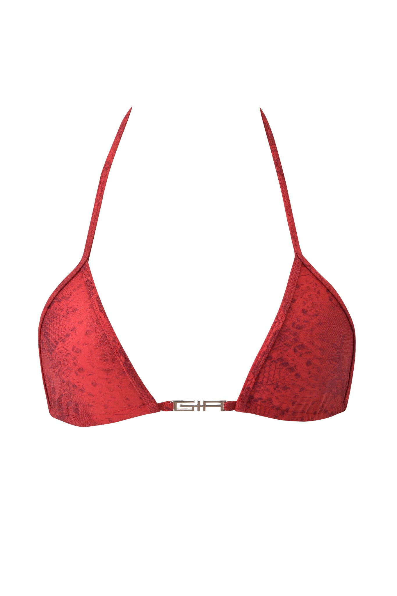 The I.AM.GIA AVA BIKINI TOP - RED SERPENTINE showcases a bold red snake print in a classic triangle style with a halter neck and metallic center clasp, shown on a white background.