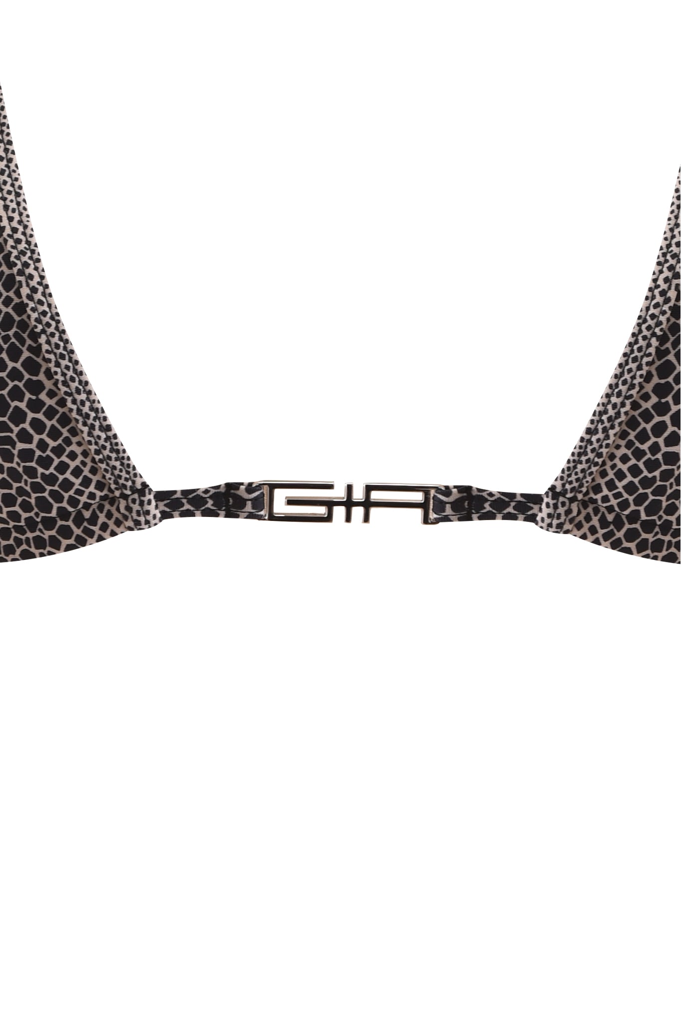 Close-up of the AVA BIKINI TOP - SERPICO by I.AM.GIA, featuring a bold black-and-white snake print and a metallic clasp engraved with "GA" at the center.