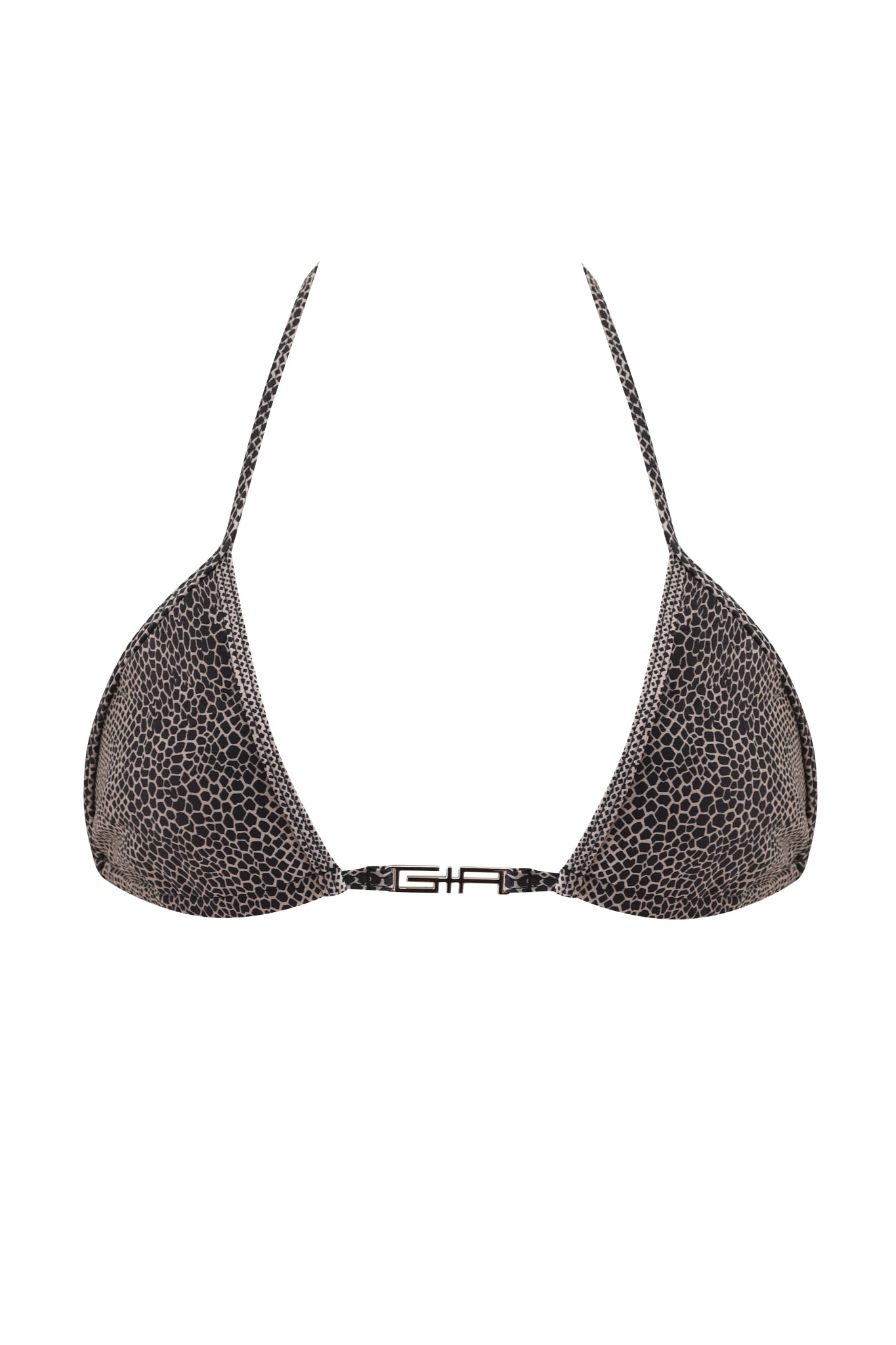 The AVA BIKINI TOP - SERPICO by I.AM.GIA features a bold black and white serpent print, thin halter neck and back straps, and a GFF logo metal clasp at the center front.