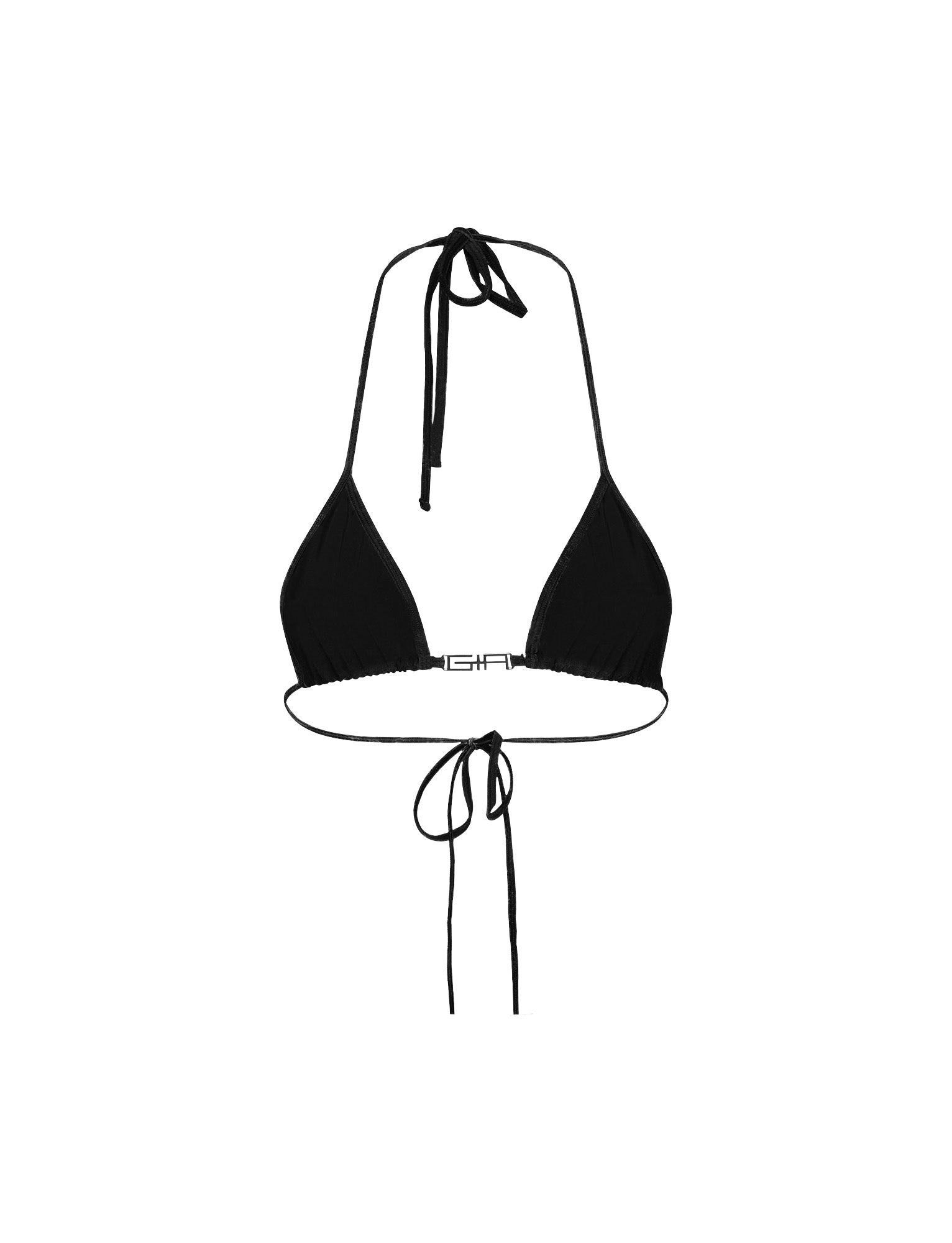 The AVA BIKINI TOP - SOLID BLACK from I.AM.GIA features a black triangle design with a halter neck tie and a string tie around the back. The bottom of the bikini top showcases "BALMAIN" in white text, located just above the string tie, evoking I.AM.GIA's signature sleek style.