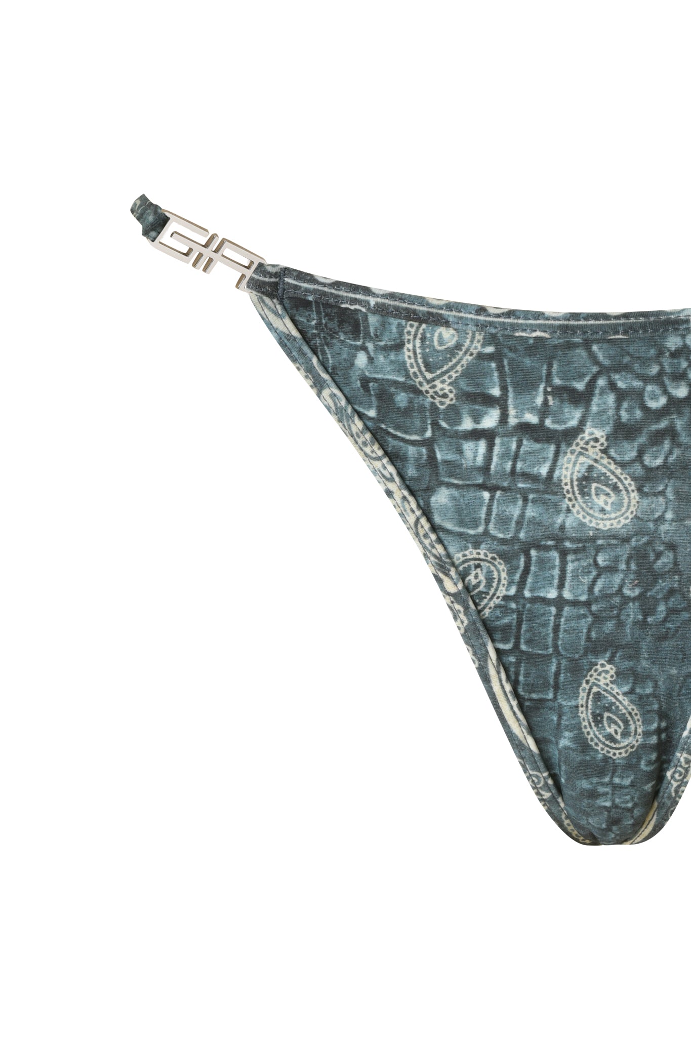 Close-up of the I.AM.GIA T-REX AVA BIKINI BOTTOM - BLUE BANDANA, highlighting its blue bandana-inspired paisley and reptile texture design, and featuring a metallic decorative strap on one side.