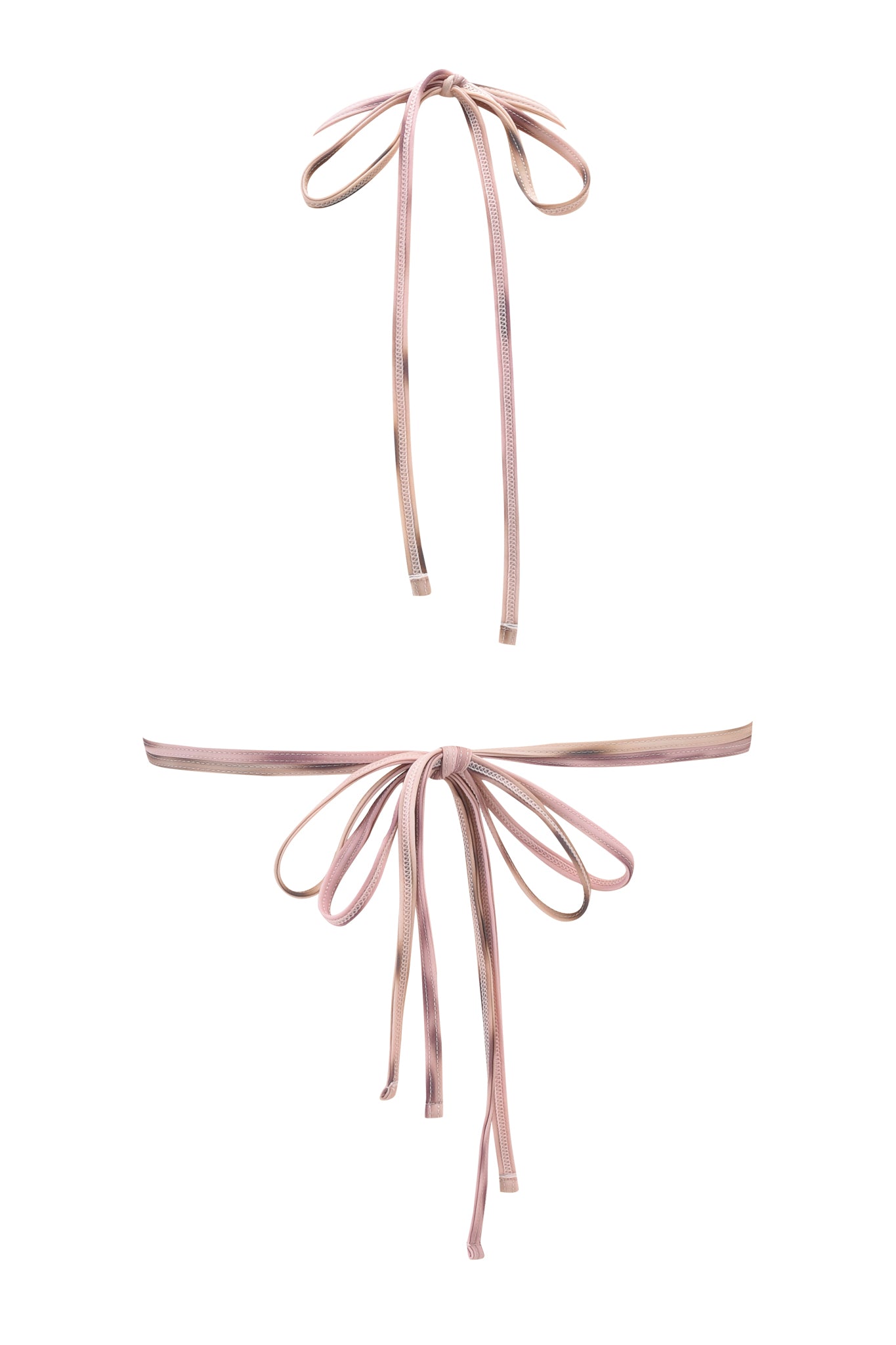 The NIKYTA BIKINI TOP - BLURRED CHEETAH by I.AM.GIA features a pink and beige striped triangle design with string ties, shown as a set isolated on a white background.