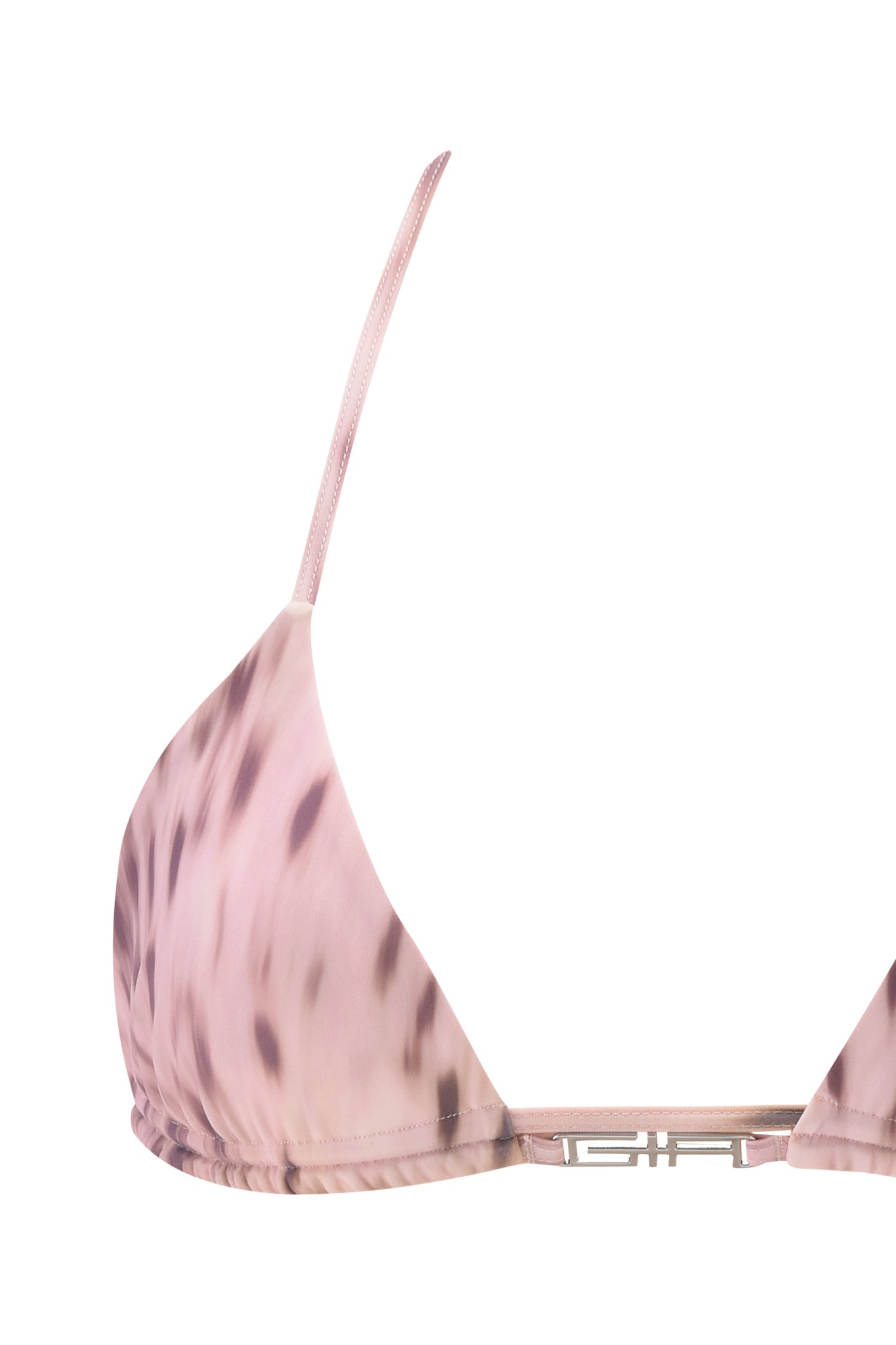A close-up of the NIKYTA BIKINI TOP - BLURRED CHEETAH by I.AM.GIA, a pink cheetah print triangle bikini top with thin straps and a metallic accent at the band.