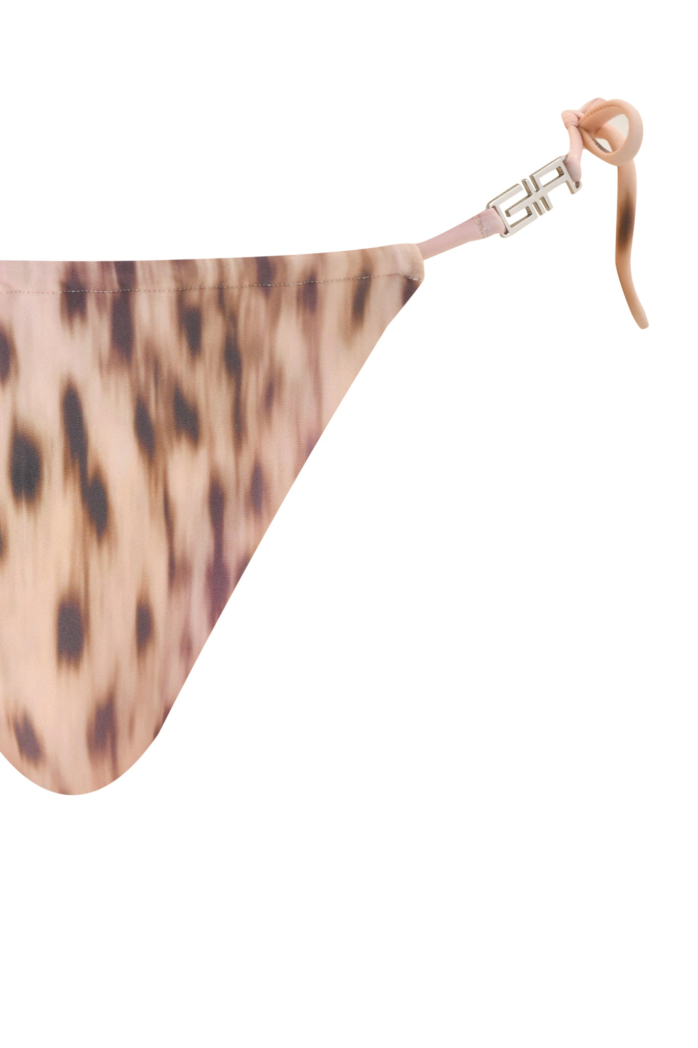 Close-up of the NIKYTA BIKINI BOTTOM - BLURRED CHEETAH by I.AM.GIA, featuring a bold pink cheetah print, side tie, and metallic accent on the strap.