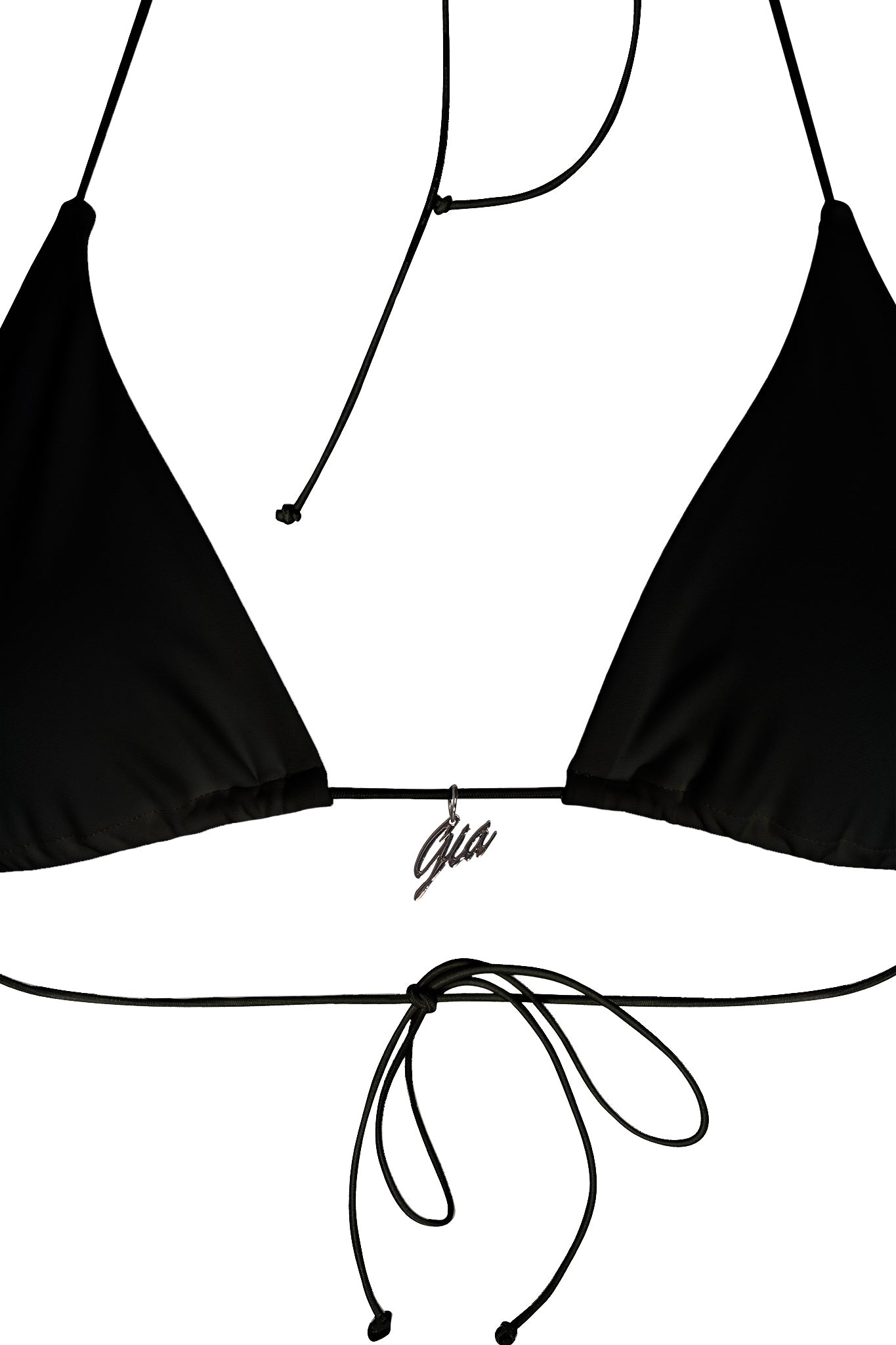 The BAMBI BIKINI TOP - BLACK by I.AM.GIA has a sleek black triangle design, thin adjustable straps, back tie, and is highlighted by silver hardware and a "Gia" engraved pendant at the bottom center for elegance.