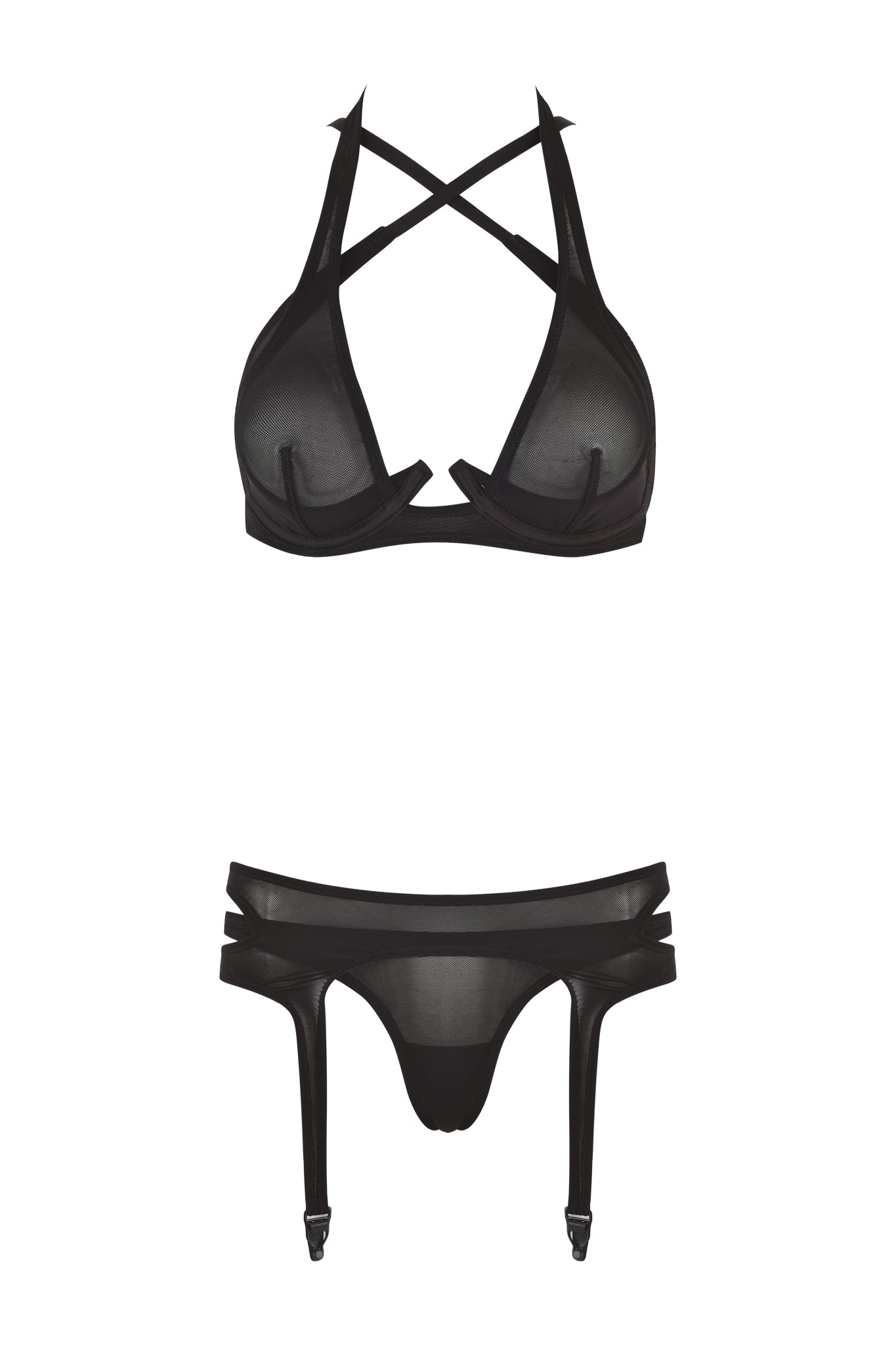 The CLEO 3 PIECE SET - BLACK by I.AM.GIA consists of a sheer, strappy black lingerie ensemble crafted from mesh. The top piece features crossed front straps and adjustable shoulder straps, while the bottom piece is a garter panty with matching accent straps and garter attachments, embodying the signature Gia X-Rated allure.