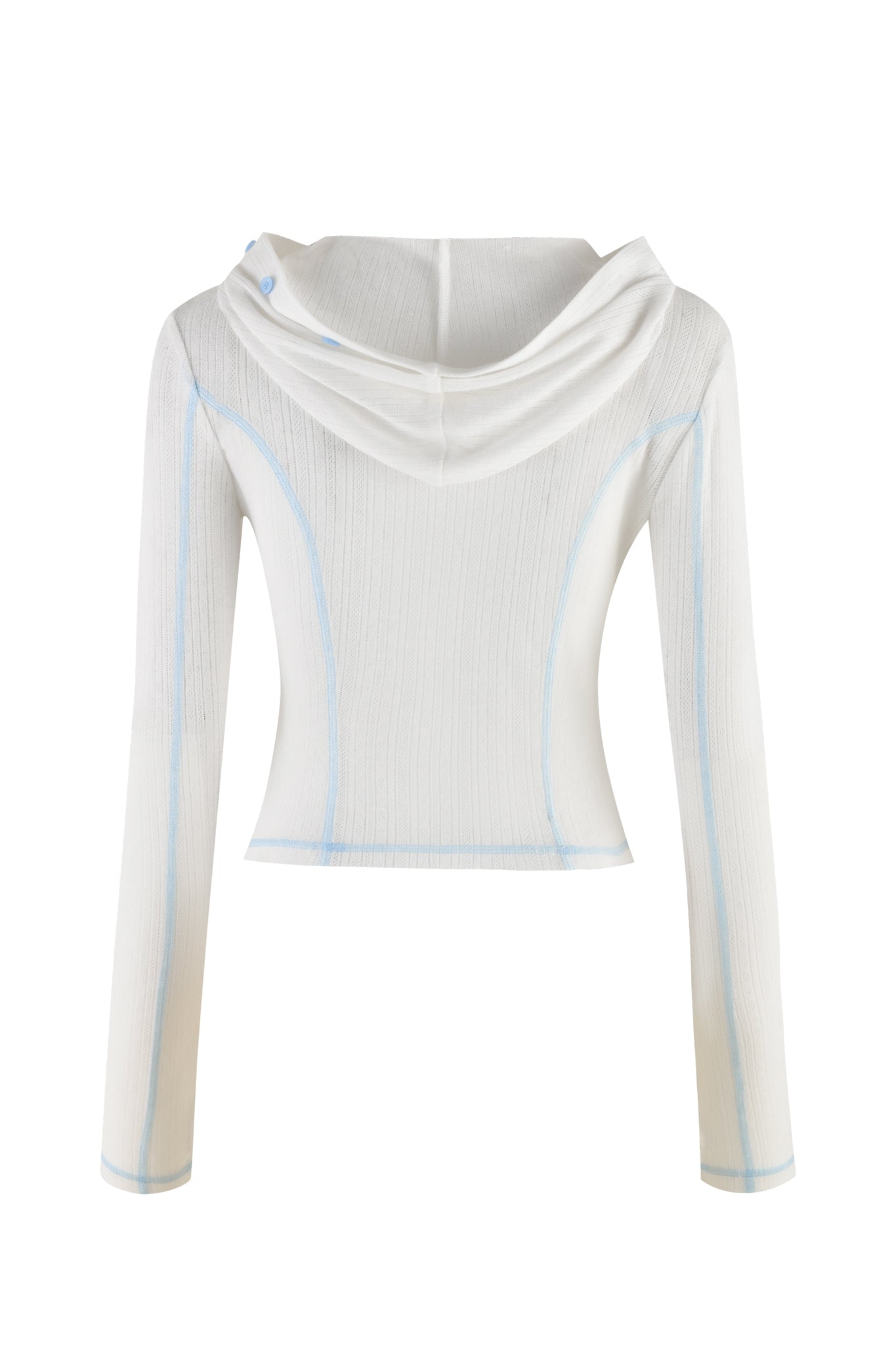 The MIA HOODIE by I.AM.GIA is a white, long-sleeve, ribbed knit top with light blue seams. This slim-fit bodycon silhouette features a hood and custom 'GIA' embroidery. Shown from the back.