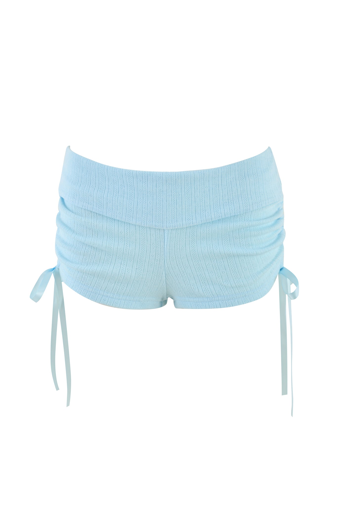 The MIA SHORT - BLUE : BABY BLUE by I.AM.GIA features a chic bodycon style with ribbed fabric, side ties, and a high waistband, showcased against a white background.