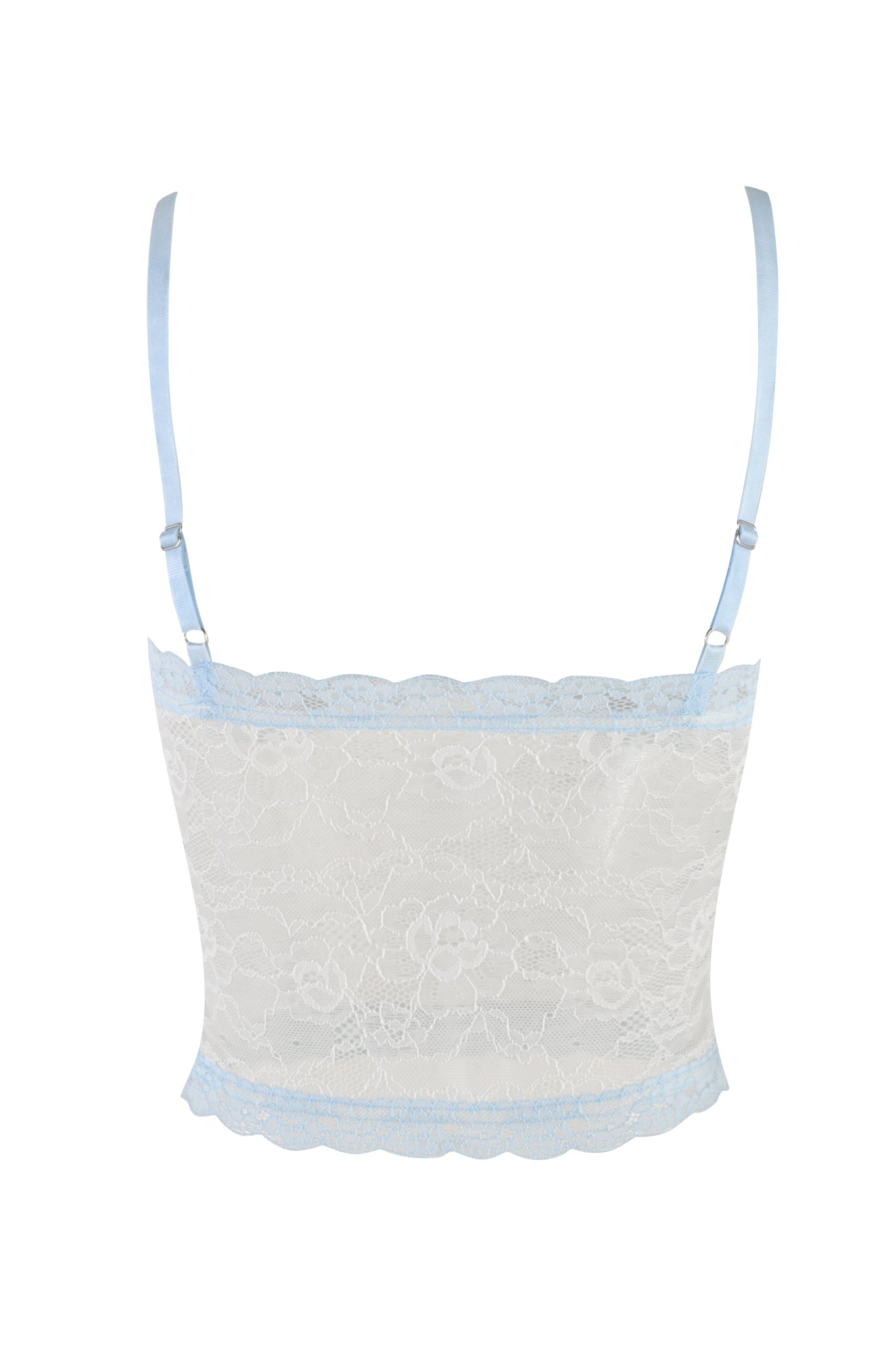 The SERINA TANK - WHITE by I.AM.GIA is a delicate camisole made from intricate floral stretch lace, featuring light blue adjustable spaghetti straps and trim for a feminine and elegant look.