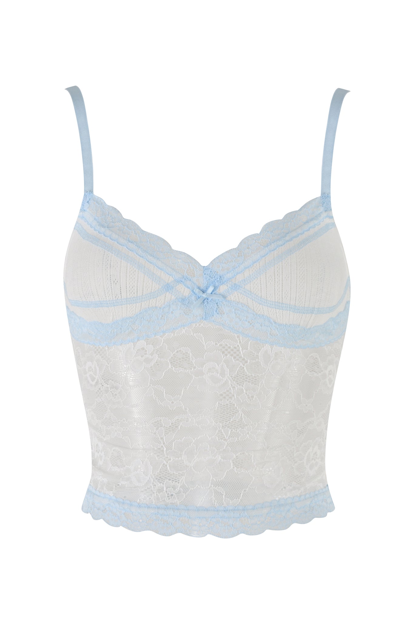 The SERINA TANK - WHITE by I.AM.GIA is displayed against a white background. This camisole features light blue straps and trim, with delicate stretch lace that showcases a beautiful pattern. The neckline and hem are adorned with scalloped edges, and there’s a small bow at the center for an added touch of elegance.