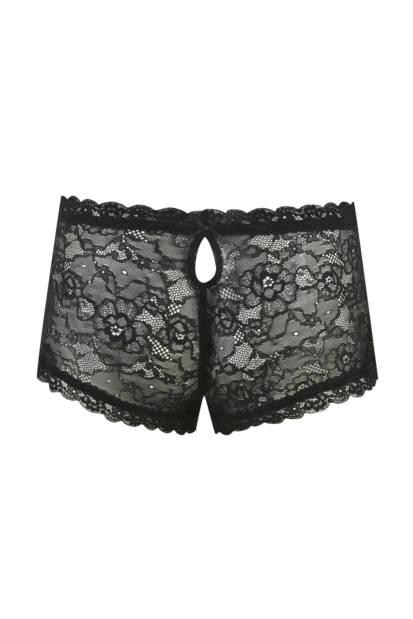 The SERINA SHORT - BLACK by I.AM.GIA is crafted from black lace, featuring a low-rise waist and floral patterns, with a small front-center cutout design for an alluring look.