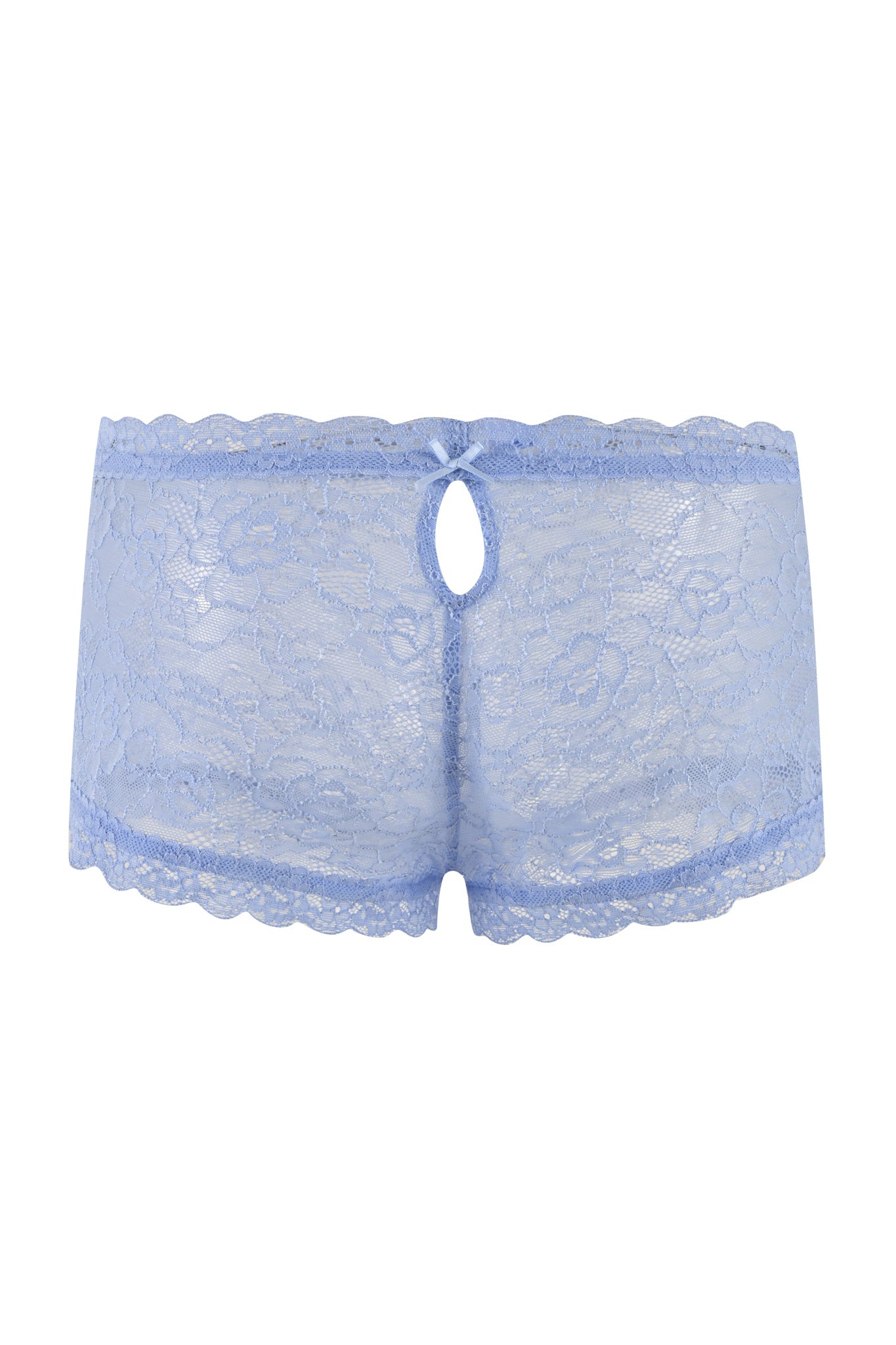 The SERINA SHORT - BLUE : LACE from I.AM.GIA is a pair of light blue lace boyshort panties featuring a low-rise waist and a small keyhole cutout at the back, accented by a tiny ribbon bow. The stretch lace showcases a floral pattern, and the edges are scalloped.
