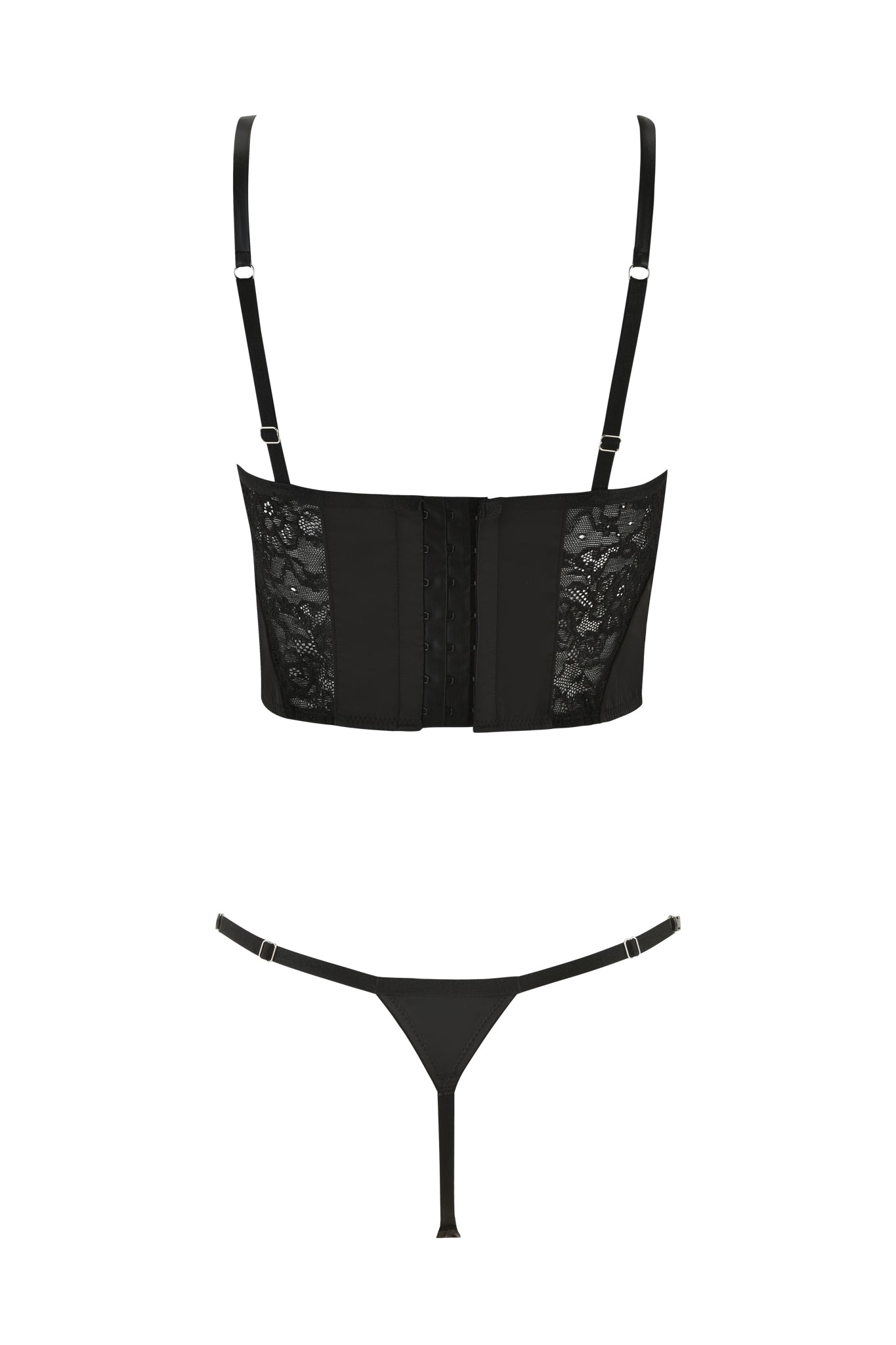 The SATINE 2 PIECE SET - BLACK by I.AM.GIA exhibits elegance through its lace trim, presenting a lacy bustier top with adjustable straps along with a coordinating thong. The detailed lace patterns on the sides amplify its allure.