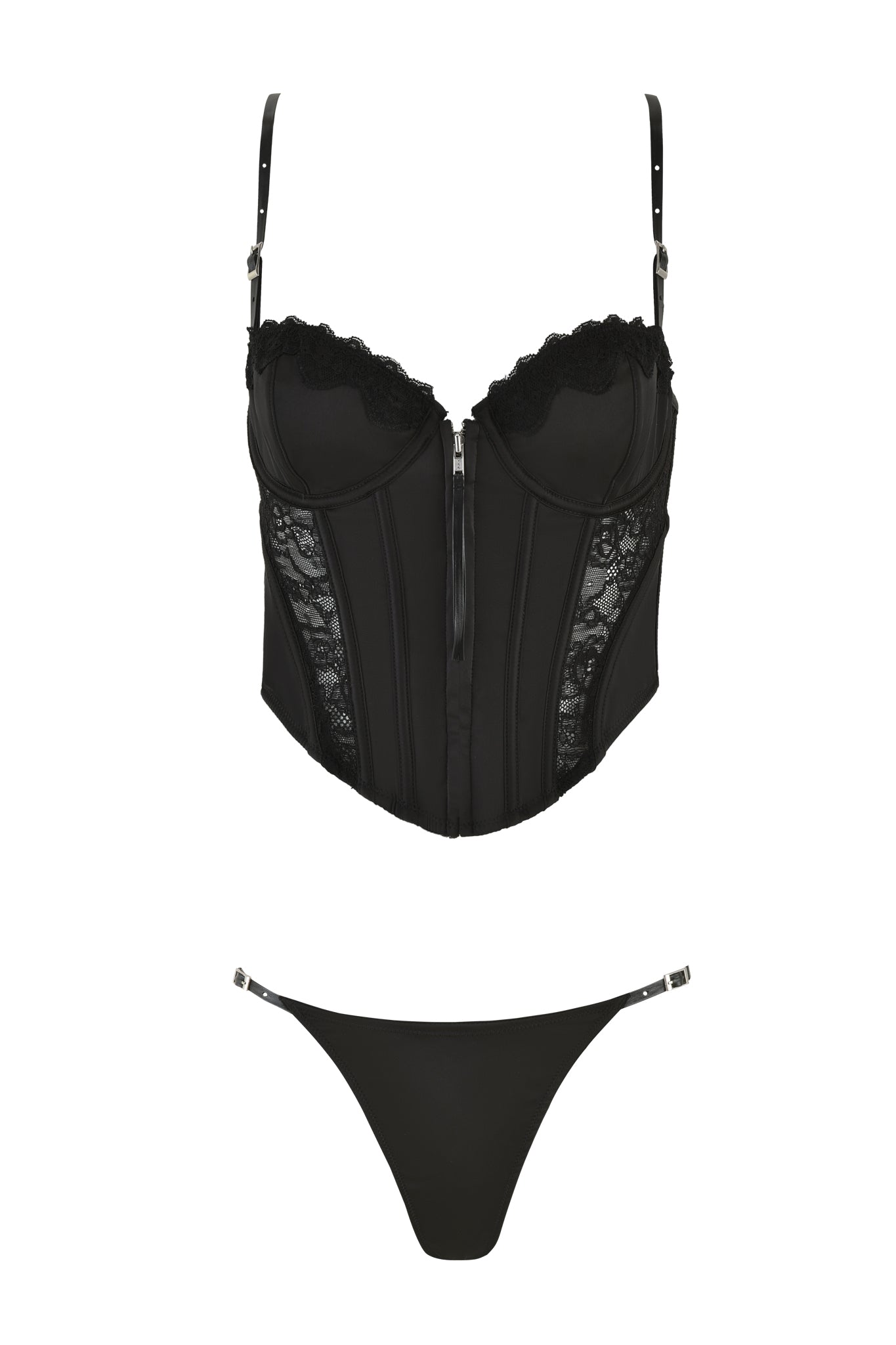 SATINE 2 PIECE SET - BLACK by I.AM.GIA, showcasing a lace-detailed corset with adjustable straps and a front zipper, complemented by a matching pair of black panties.