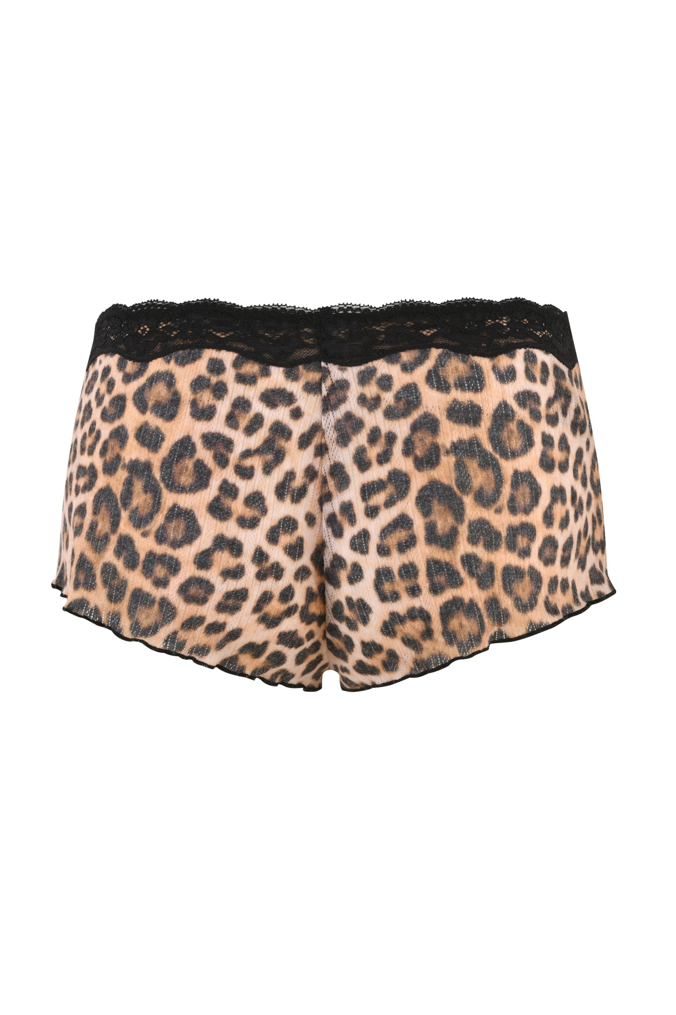 The CASSIA SHORT - NEUTRAL : LEOPARD by I.AM.GIA is a pair of women's shorts with a custom leopard print in shades of brown and black, set against a white background. The waistband is adorned with a black lace trim, while the hem features a slightly ruffled design. These shorts have a silky texture, combining elegance and comfort.